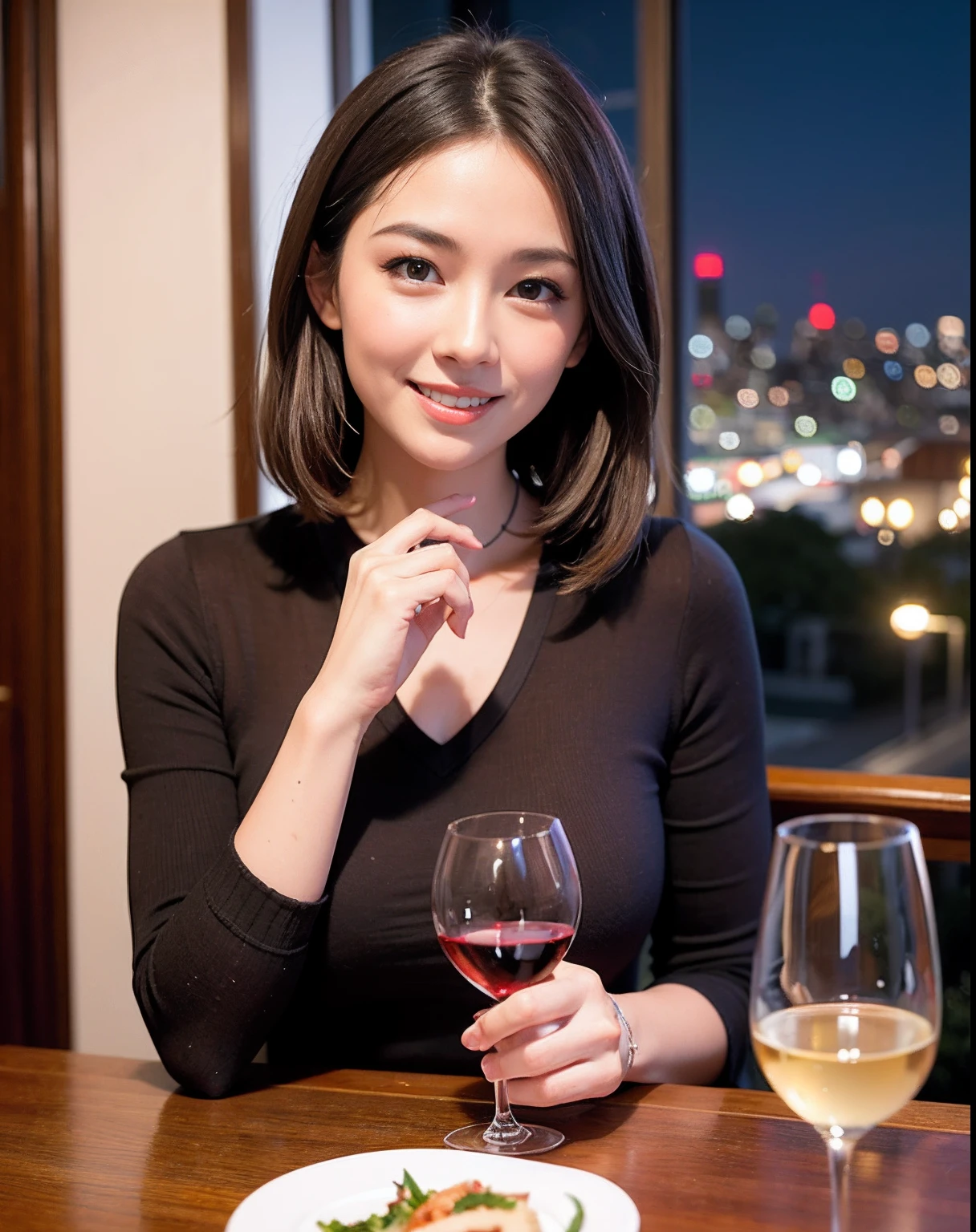 (64K, UHD, top quality, masterpiece: 1.2), (realistic, photorealistic: 1.37), super detailed, pretty woman 1 person, (slim face), (slim body), (brown hair), (short cut), cheeks slightly blushing, (44 years old), 38 years old, solo, beautiful detailed urban night view outside the window, restaurant, wine glasses sit, at night, in a prominent placeNovaFrogStyle, Actress, Model, Waist Up, White Wine, Slim, Wine Glass, Super Clean Night View, Wine Glass Put in the Middle, Happy Smile, (Smile: 1.15), Beautiful Fine Eyes, Upper Body, Bust Japan Up, Night, Short, Short, Actress, Model, Waist Up, White Wine, Slim, Wine Glass, Super Clean Night View, Wine Glass Put in the Middle, Happy Smile,