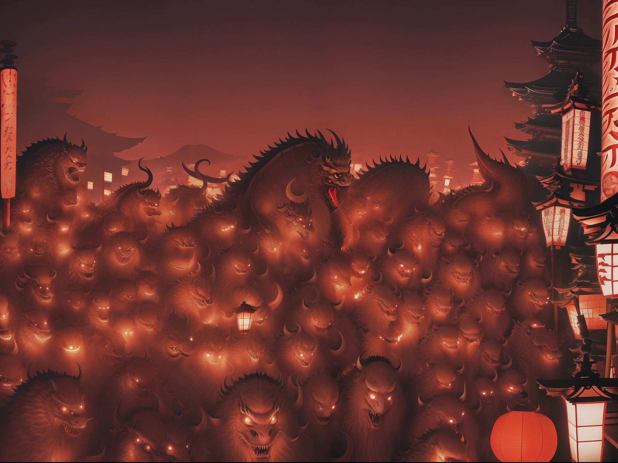 The Night Parade of the Hundred Demons is being held, (Japan monsters are walking in hordes:1.5), Carry lit lanterns and candles, foxes, Raccoon, Demons, skull, fish man々, snow woman,  The leader of the Japan Kaiju is the strongest monster Daitengu.、The Great Tengu has a long feathered nose, Red face, And shake the fan. The eerie and glamorous cityscape of Kyoto, deep in the night、deep in the night２time