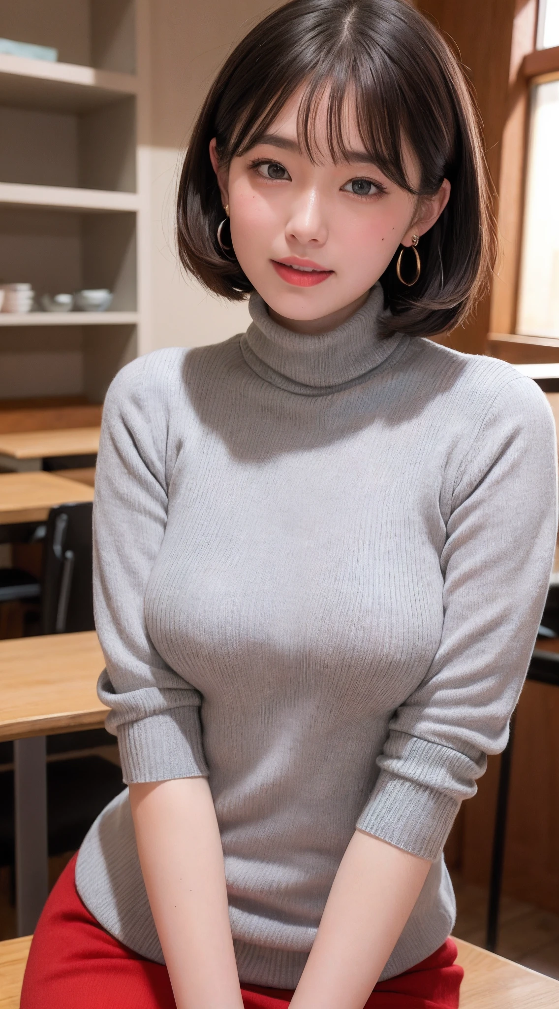 masutepiece, Best Quality, Ultra-detailed, finely detail, hight resolution, 8K, Perfect dynamic composition,in a cafe、sitting on、(((bending forward)))、(((Grey Color Turtleneck Knit)))、((Red cheeks))、(Bra Shots)、White mini skirt、Black bra、Golden earrings、Clean thighs、Black stockings、Japan 18-year-old woman、 Beautiful detailed eyes, Medium short hair, Natural Color Lip,F Cup Breasts、Opens mouth and laughs、bangss、Red cheeks、from the rear