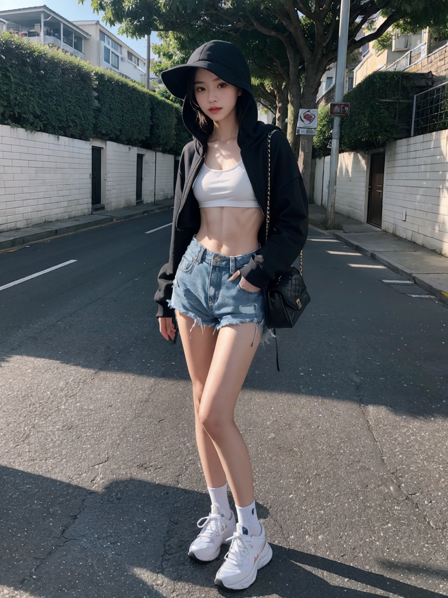 ((smallunderboob,Tomboyish,small heads)), (Well-defined abs: 1.1), (perfect bodies: 1.1), (short-length straighthair: 1.2), Black hair, upper body photos, attractive collarbone，nabel，（极其细致的CG 8k壁纸），（Extremely refined and beautiful），（tmasterpiece），（best qualtiy：1.0），（超高分辨率：1.0），beautiful light up，Perfect lightning，realistic shaded，[A high resolution]，Smooth and flawless fair skin，ultra - detailed ，Elongated legs，flatchest，Slim，emaciated，Wearing a black fisherman's hat，Black sheer tulle hooded sweatshirt，denim short，White sneakers，夏天，eventide，A sea of people，at the doorstep of a school，Outside the walls，are standing，outside，Tree-lined roadsides，Bring a ladies bag，