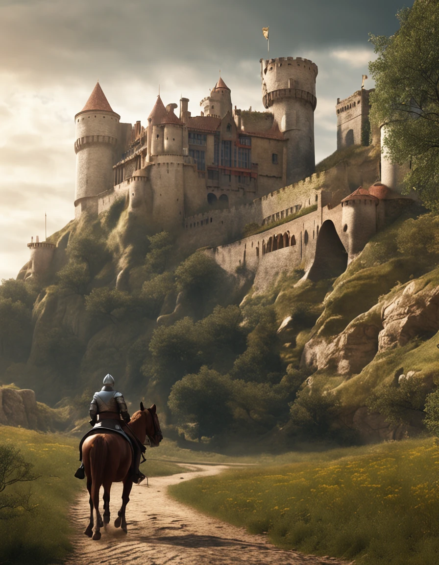 there is a man riding a horse next to a medieval castle, beautiful render of a medieval tale, 3d rendered matte painting, illustration matte painting, high quality matte painting，cute, castle background, inspired by Edmund Leighton, highly detailed matte painting, hyperdetailed 3 d matte painting, hyperdetailed 3d matte painting, medieval castle background, 3d matte painting