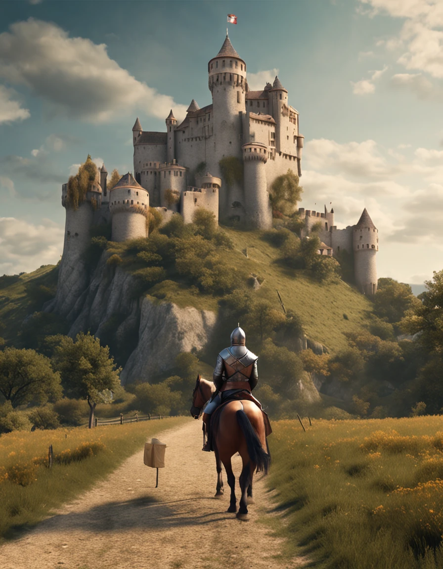 there is a man riding a horse next to a medieval castle, beautiful render of a medieval tale, 3d rendered matte painting, illustration matte painting, high quality matte painting,cute, castle background, inspired by Edmund Leighton, highly detailed matte painting, hyperdetailed 3 d matte painting, hyperdetailed 3d matte painting, medieval castle background, 3d matte painting