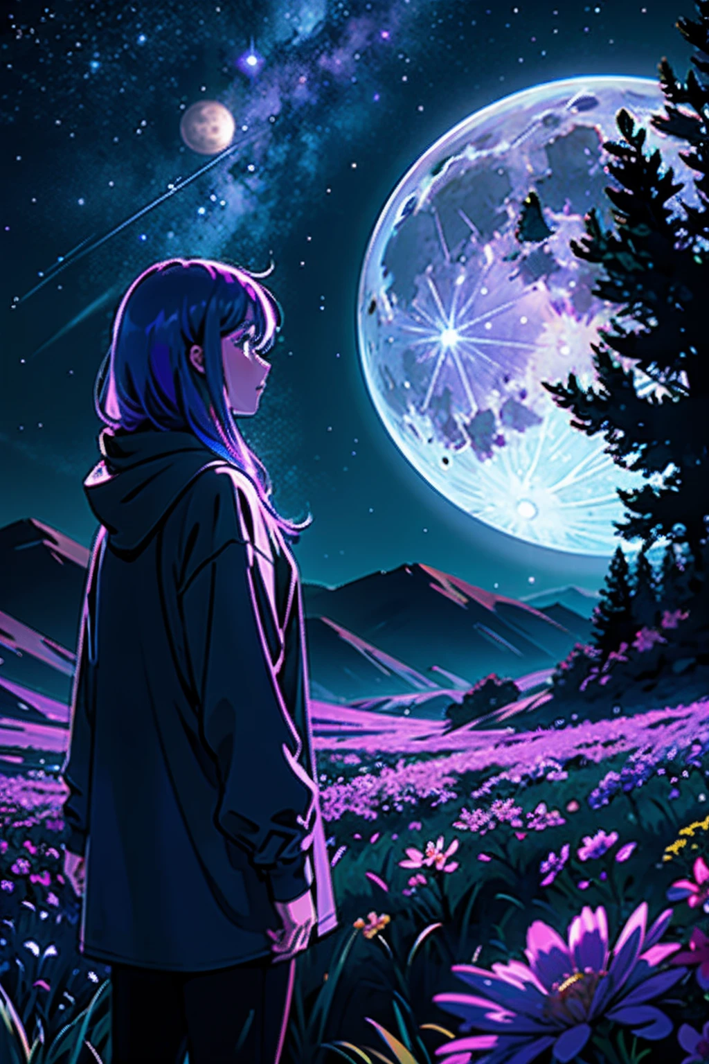 expansive landscape photography, (a bottom view showing the sky above and the open countryside below), a girl standing in a field of flowers looking up, (full moon: 1.2), neon purple colored moon, (shooting stars: 0.9), (nebula: 1.3), distant mountain, BREAK tree production art, (cold light source: 1.2), (Firefly: 1.2), light fixture, lots of purple and blue, intricate details, BREAK volumetric lighting (masterpiece : 1.2), (best quality), 4k, ultra-detailed, (dynamic compositing: 1.4), highly detailed color detail (iridescent colors: 1.2), (bright lighting, atmospheric lighting), dreamy, magical, (solo: 1.2)