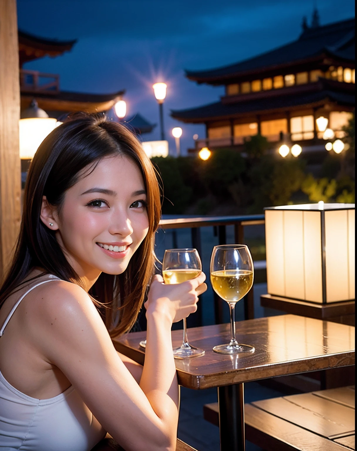 (64K, UHD, top quality, masterpiece: 1.2), (realistic, photorealistic: 1.37), super detailed, pretty woman 1 person, (slim face), (slim body), (brown hair), (short cut), cheeks slightly blushing, (44 years old), 38 years old, solo, beautiful detailed urban night view outside the window, restaurant, wine glasses sit, at night, in a prominent placeNovaFrogStyle, Actress, Model, Waist Up, White Wine, Slim, Wine Glass, Super Clean Night View, Wine Glass Put in the Middle, Happy Smile, (Smile: 1.15), Beautiful Fine Eyes, Upper Body, Bust Japan Up, Night, Short, Short, Actress, Model, Waist Up, White Wine, Slim, Wine Glass, Super Clean Night View, Wine Glass Put in the Middle, Happy Smile,