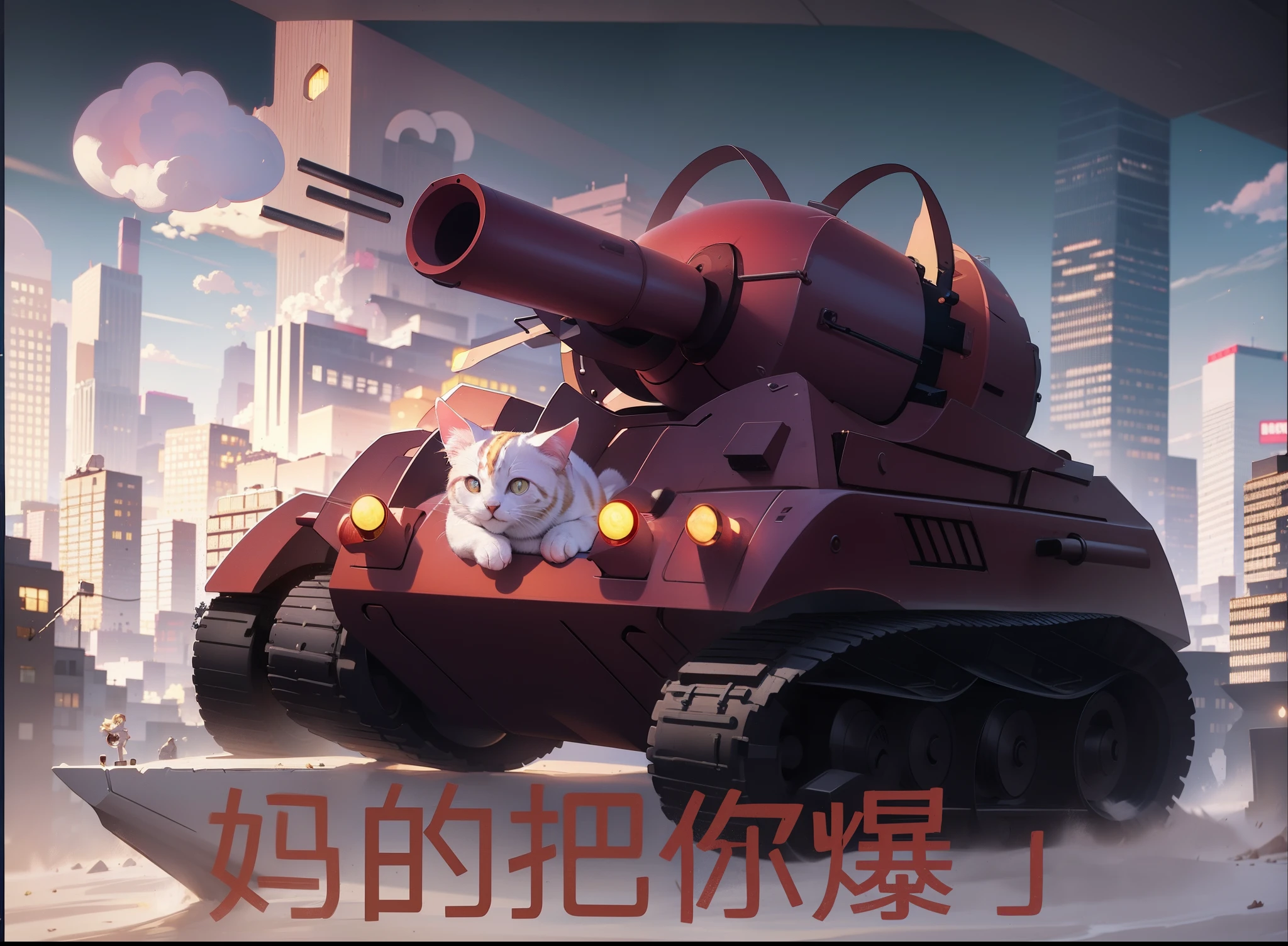 There is a cartoon picture of a cat on a tank, tank has a large solid cannon