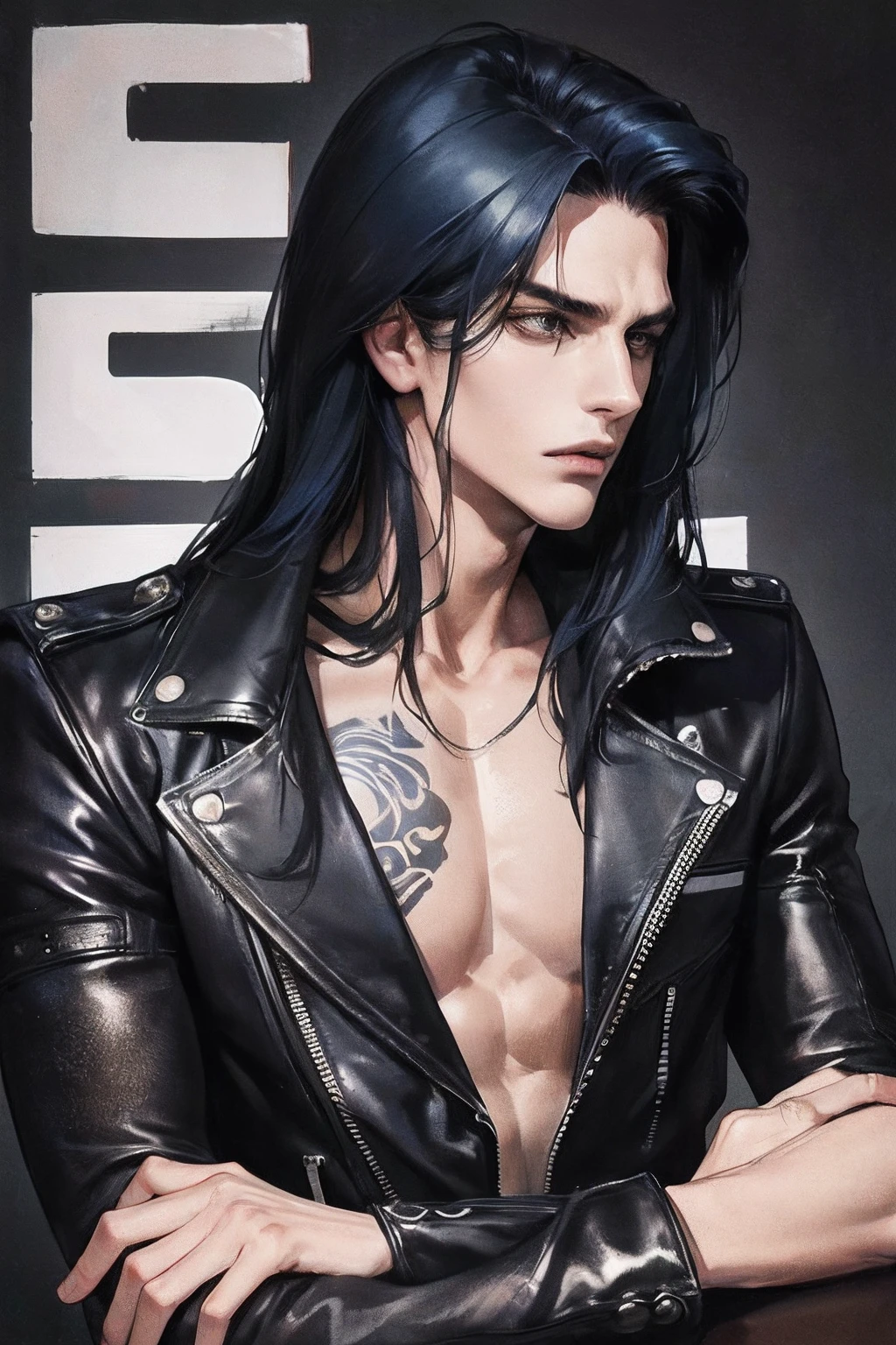 cover for a book, photography of a heavy metal star, a solo man, (((man))), (masculine face), 25 years old, singer, bad boy, (black eyes), expressive look, long dark blue black hair, (((bar background))), straight hair, blueshine hair, unshaven, black leather jacket, long sleve jacket, leather pants, chest tattoo, super detailed face, perfect body, perfect shapes, realistic image, award winning photography, 8k,