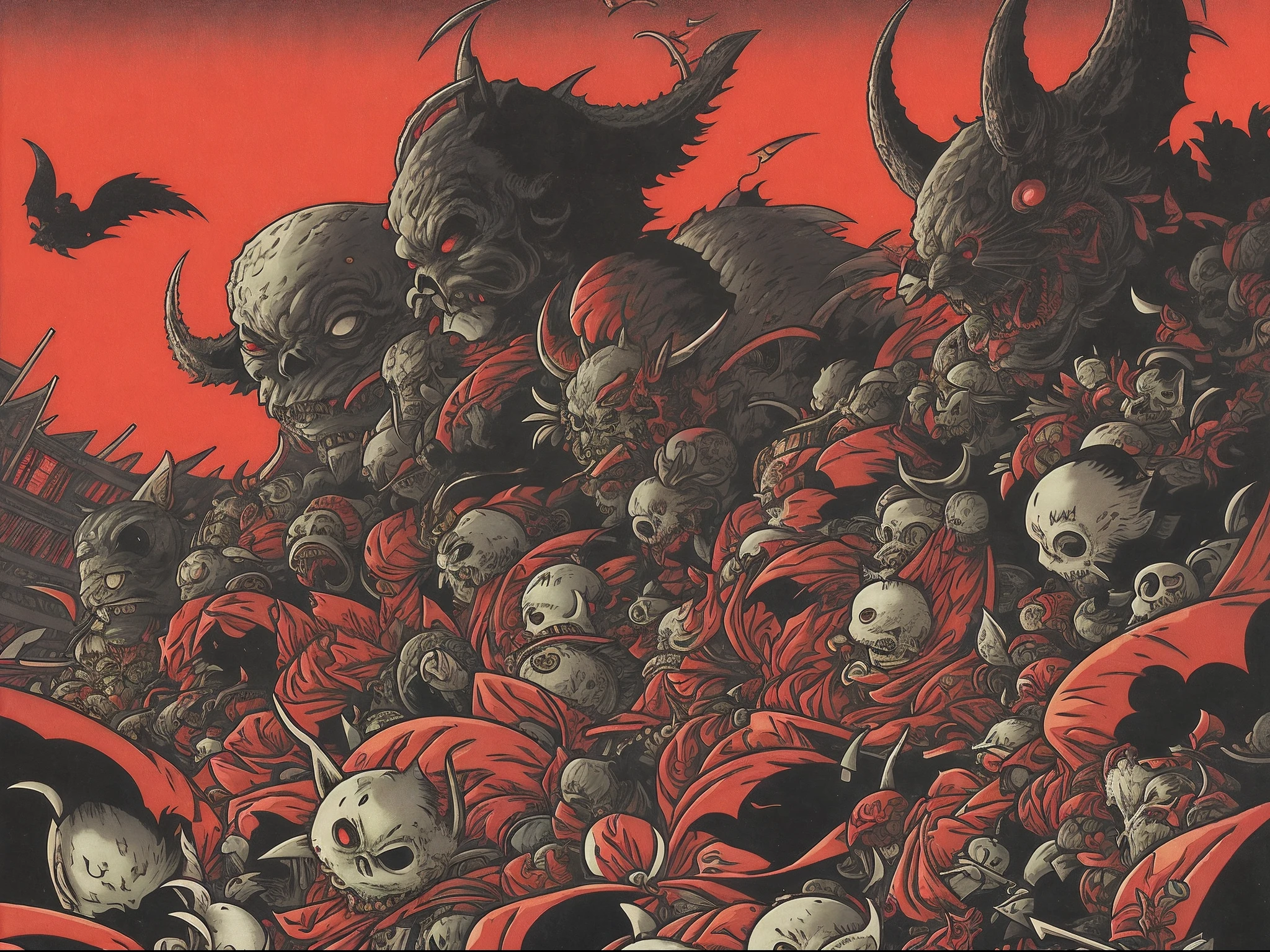 (Horror illustration:Toriyama Sekie: 1.5), Hundred Demon Night Event (Hordes of Japan monsters fill the city: 1.8),  (Ghost of a woman in a kimono),(Monster Fox),( Little Ghost), (Floating giant skull), (Wet fishman)、 (Tengu with bright red face)、Buildings in Tokyo,Eery and colorful cityscape, Two o'clock in the evening, Black mist envelops it、Japan style、When people have fallen asleep、Large ranks、The Great March、The number of yokai you've never seen before、absurderes、Rampage