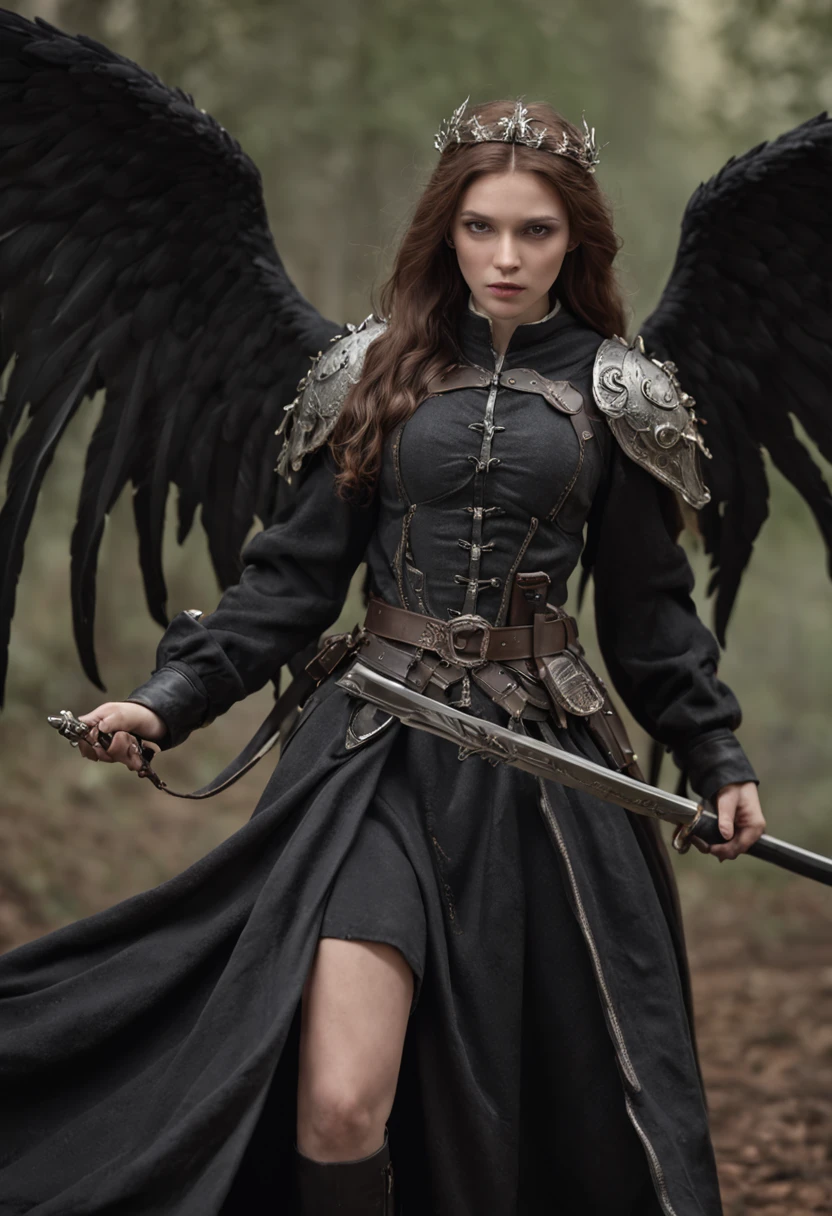 Realistic, 4K, Angels with big wings, Black clothes, one sword, Head hood in war background image (chaos)
