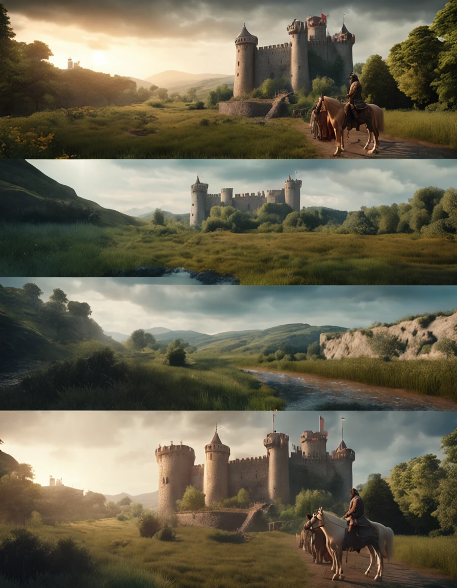 there is a man riding a horse next to a medieval castle set in river valley, beautiful render of a medieval tale, 3d rendered matte painting, illustration matte painting, high quality matte painting,cute, castle background, inspired by Edmund Leighton, highly detailed matte painting, hyperdetailed 3 d matte painting, hyperdetailed 3d matte painting, medieval castle background, 3d matte painting