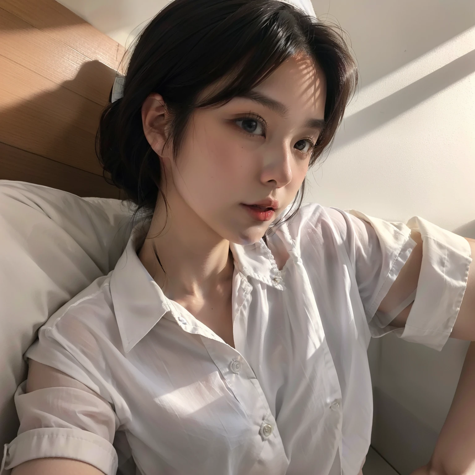 (top-quality、8k、32k、​masterpiece、UHD:1.2)、Photo of a cute Japanese woman、女の子 1 人、nurse、(Medium short dark brown hair)、二重まぶた、White nurse uniform、Small white nurse cap、White shirt、open-shirt、hospitals、Hospital room、