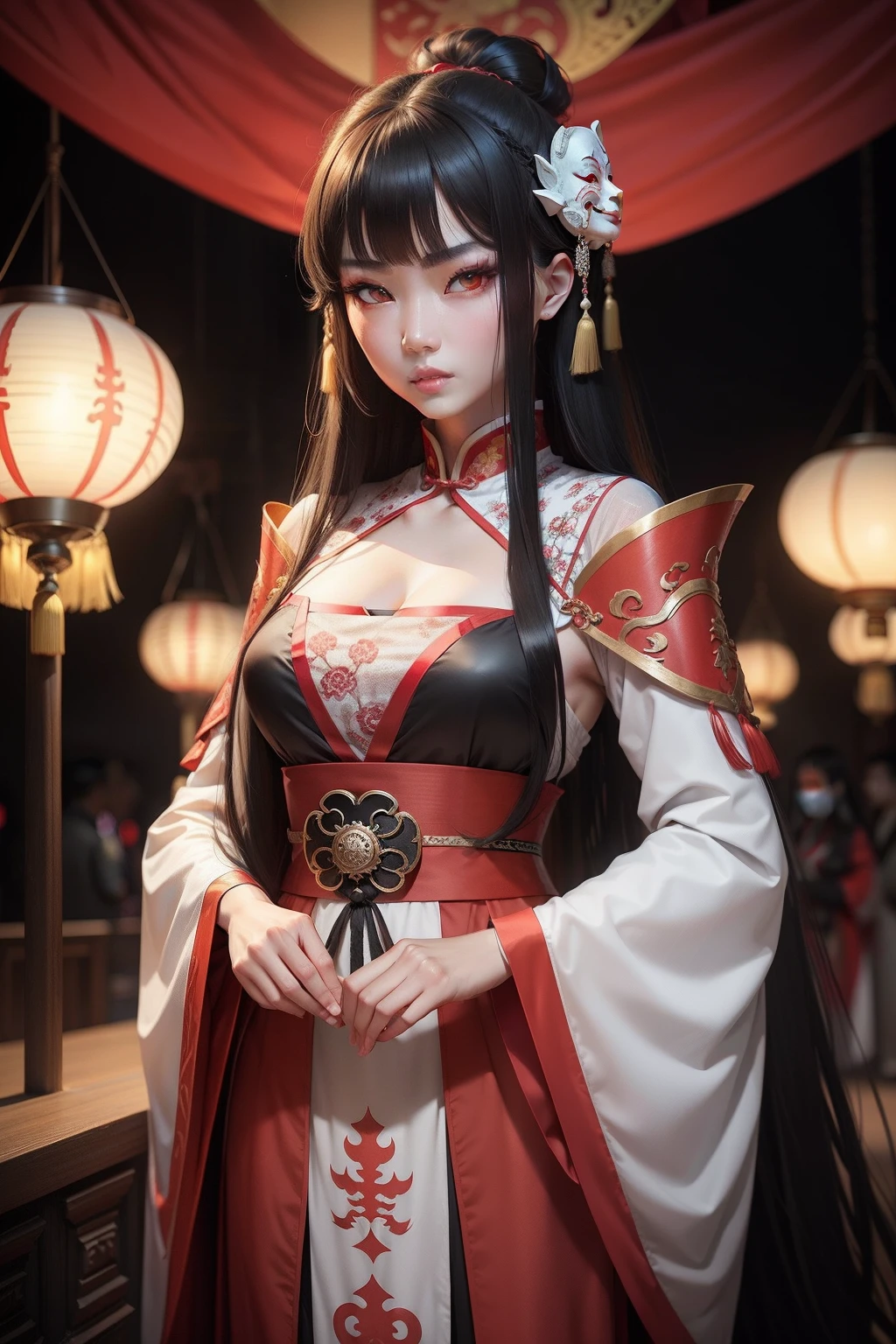 Longhaired Beauty,Tall and tall,Tang dynasty,Ancient China,Red eyes,The eyes are cold and evil,Chinese face,Impeccable,delicated,Ancient Hanfu,period costume,(Background with:Dark and terrifying,Countless ghosts,terroral,thriller)Cursed girl,Chinese horror,Face mask half mask,Ancient design sense mask,White paper lantern,cleavage