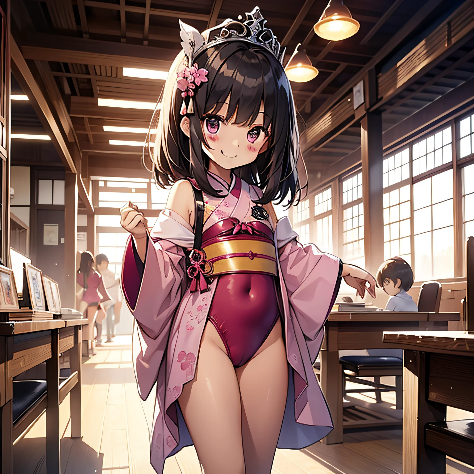 top-quality、extremely delicate and beautiful、Soio、Soio、8--old l、japanes、elementary stu、(Pink leotard)、dress room、Tiara on the head、A smile、is standing