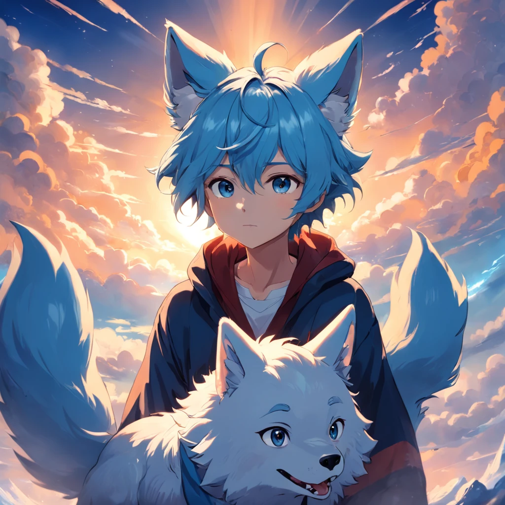 tmasterpiece,best qualtiy,cinematic Film still from,1boys,Fluffy light blue wolf ears,Cloud Boy,Floating in the sky,closeup cleavage,brightly,cheerfulness,Warm and soft lighting,the sunset,(spark of light:0.7),Wallpaper phone