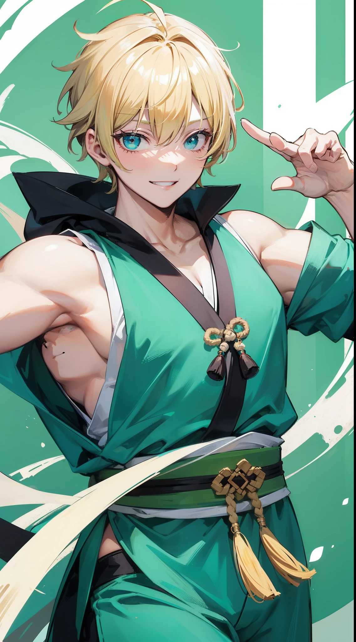 Adult Fat Man, short blonde hair, Cyan eyes, Green Hanfu sleeveless, Drunken Master, Smile, Masterpiece, hiquality