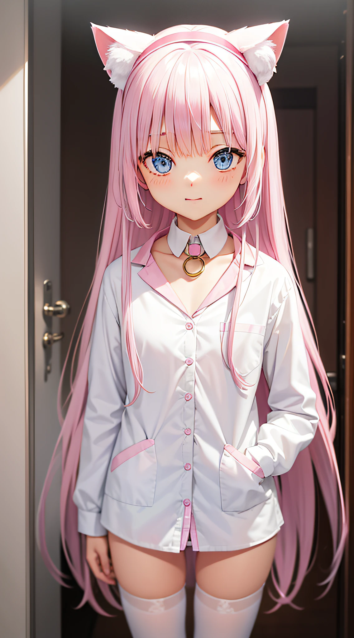 A collar is worn around the neck,Wearing pink headphones on his head,in a white shirt,Exposed panties,Pink hair,Put your hands behind your back,The face is very red,Wearing pink and white striped panties,Expose the collarbone,There are dull hairs on the head,are standing,Background in the house,long whitr hair,white backgrounid,white stockings,ssmile,There are pink cat ears on the head,The character is facing us,eBlue eyes, Don't go outdoors, Do not tilt your body to one side