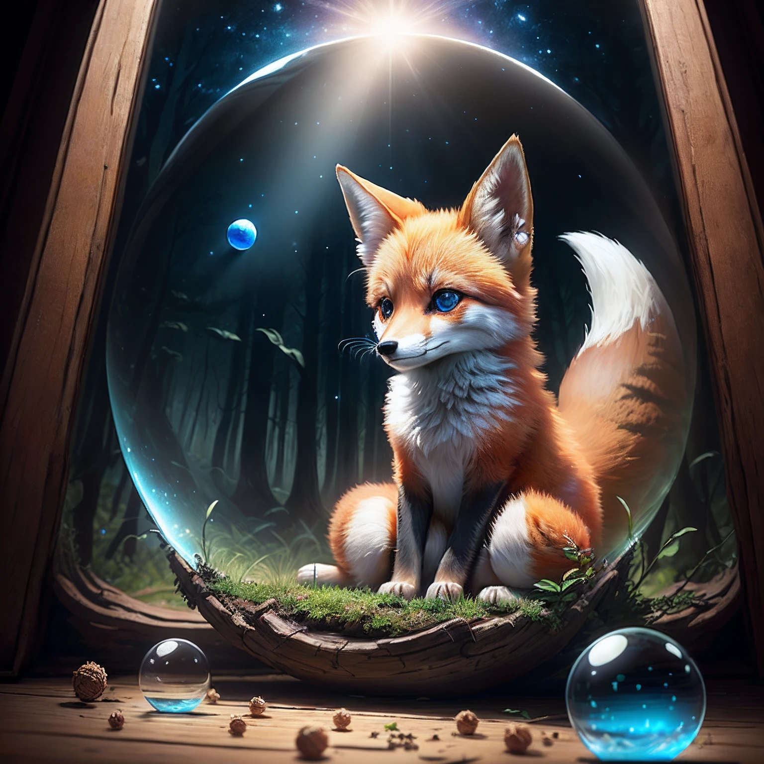 Baby fox, blue eyes, little ears, sitting in the woods, beam of light, a little blue light, dream quality, close angle, inside glass ball, digital art