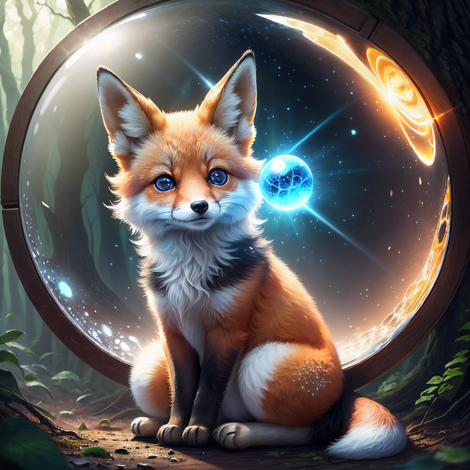  fox, blue eyes, little ears, sitting in the woods, beam of light, a little blue light, dream quality, close angle, inside glass ball, digital art