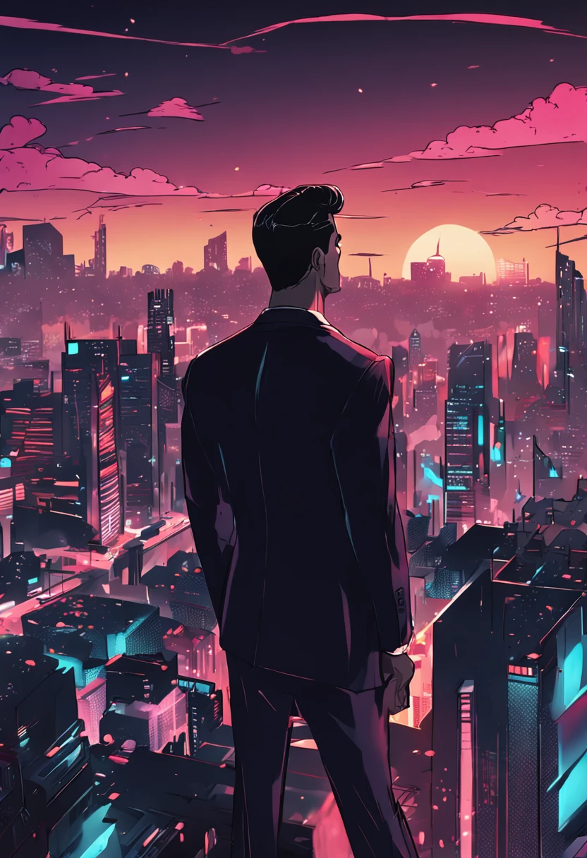 (absurdres, highres, ultra detailed, realistic, ),Japanese, 1 male, solo, adult, mature, tall muscular guy, broad shoulders, handsome, very short hair, black hair, brown eyes, angular jaw, thick neck, thick eyebrows, night, dark, the night view of the city background, formal suit, necktie, upper body
