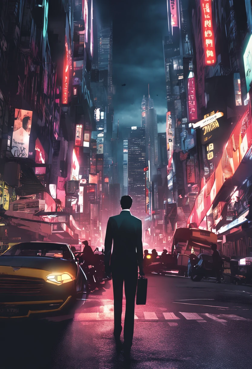 (absurdres, highres, ultra detailed, realistic, ),Japanese, 1 male, solo, adult, mature, tall muscular guy, broad shoulders, handsome, very short hair, black hair, brown eyes, angular jaw, thick neck, thick eyebrows, night, dark, the night view of the city background, formal suit, necktie, upper body
