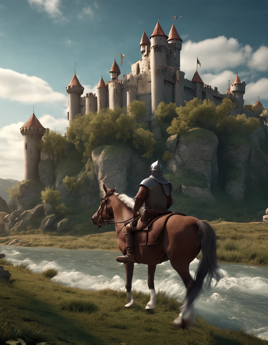 there is a man riding a horse next to a medieval castle set in river valley, beautiful pixar render of a medieval tale, 3d rendered matte painting, illustration matte painting, high quality matte painting，cute, castle background, inspired by Edmund Leighton, highly detailed matte painting, hyperdetailed 3 d matte painting, hyperdetailed 3d matte painting, medieval castle background, 3d matte painting