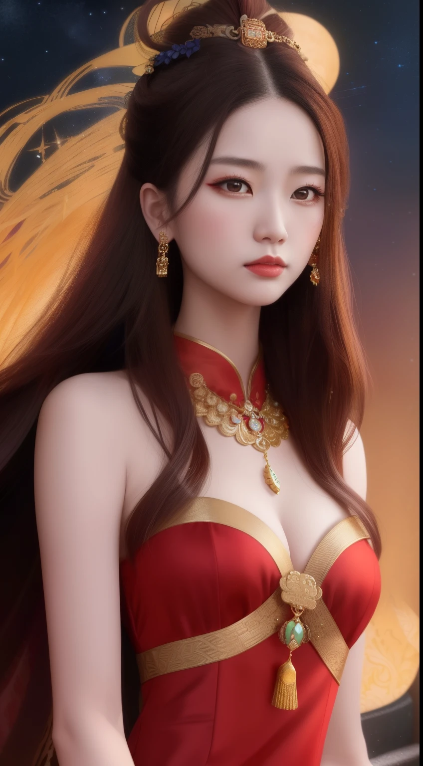Close-up of a woman wearing a gold necklace in a red dress, inspired by Du Qiong, inspired by Wu Bin, a beautiful fantasy empress, inspired by Park Hua, Inspired by Lan Ying, Inspired by Huang Ji, inspired by Xie Sun, by Yang J, Chinese style, inspired by Zhang Yan, Beautiful character painting, inspired by Yang Jin