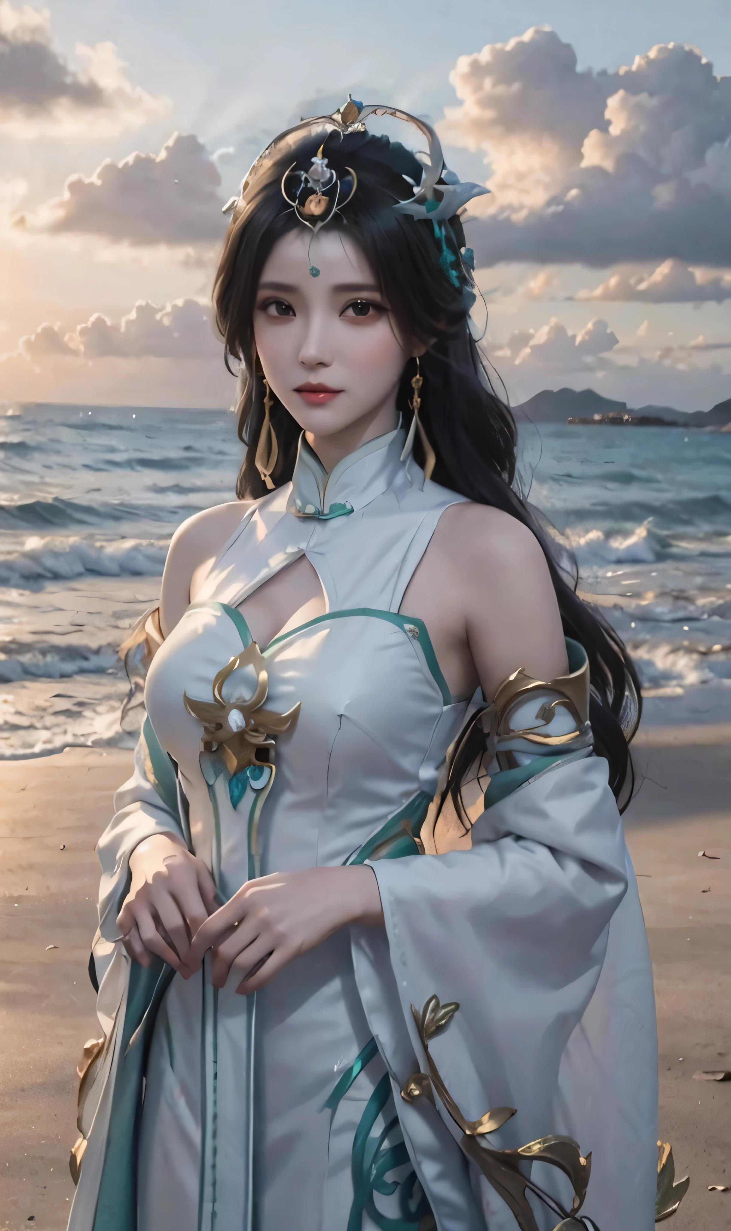 Photorealistic，a woman in a white dress standing on a beach next to the ocean, Anime goddess, queen of the sea mu yanling, White Hanfu, a beautiful fantasy empress, Anime girl cosplay, full-body xianxia, Inspired by Lan Ying, Irelia, Anime cosplay, Ruan Jia and Artgerm, by Yang J, Beautiful and elegant queen