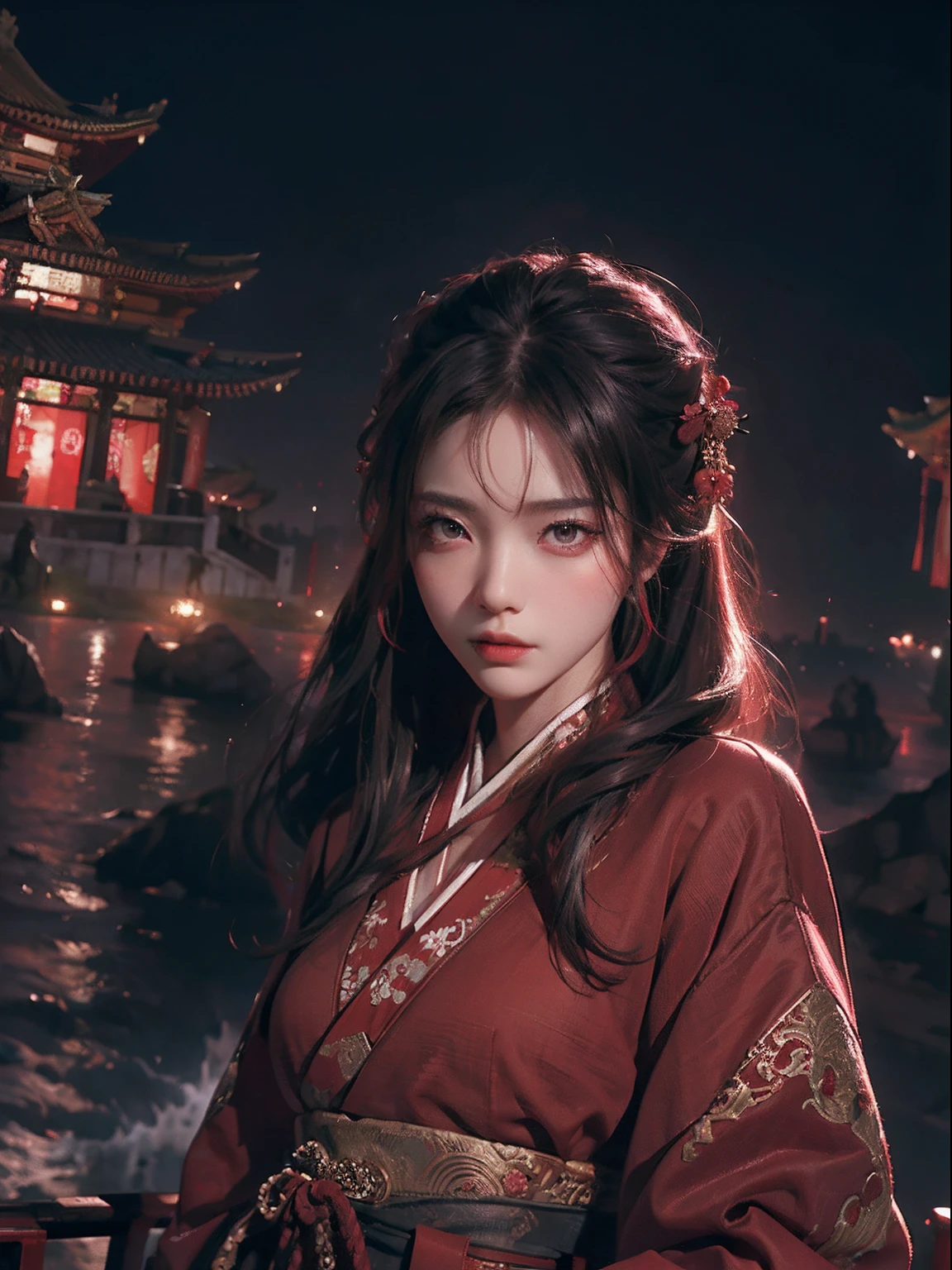 (ZWD),1lady standing,full bodyesbian,(looking at viewert:1.5),Detailed face,Detailed eyes,Dramatic lighting,Red theme,Hanfu,Tang style,scenery,Outdoors,Solo,architecture,Monster,Night sky,Night,