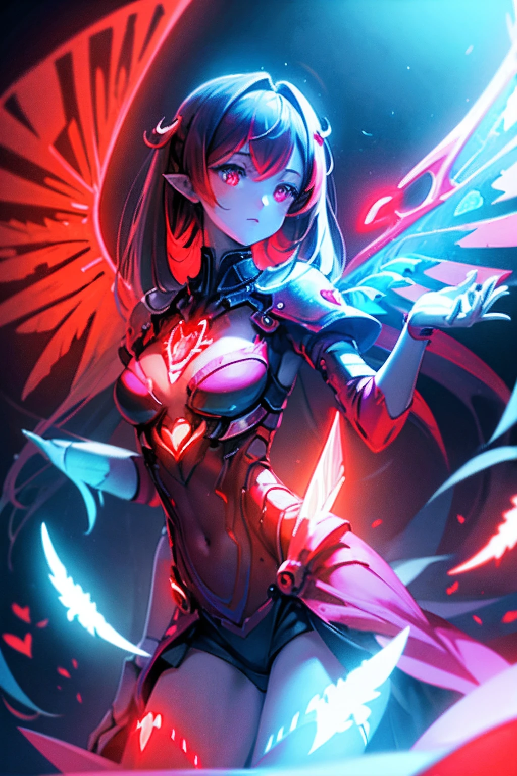 masterpiece, best quality,upper body,
1girl, wings, (red heart:1.2), red triangle led lights, mechanical parts,
in a (bioluminescent) ocean, (biofluorescence), vibrant, colourful, color, (glowing, glow),
(beautiful composition, coherent), perfect composition, perfect lighting, cinematic lighting, intricate, (symmetrical:0.65), whimsical,