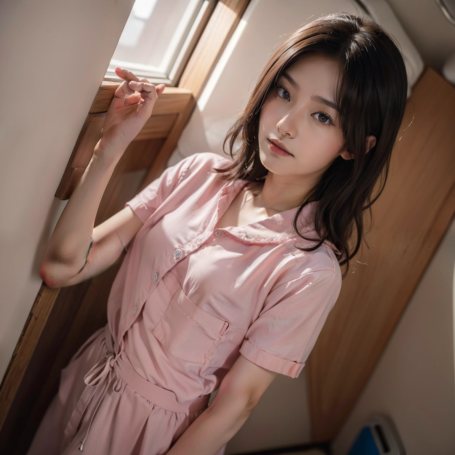 (top-quality、8k、Masterpiece、UHD:1.2)、Photo of a cute Japanese woman、女の子 1 人、(Medium short dark brown hair)、二重まぶた、Light pink nurse clothes、Nurse Cap、In the hospital、Walking、