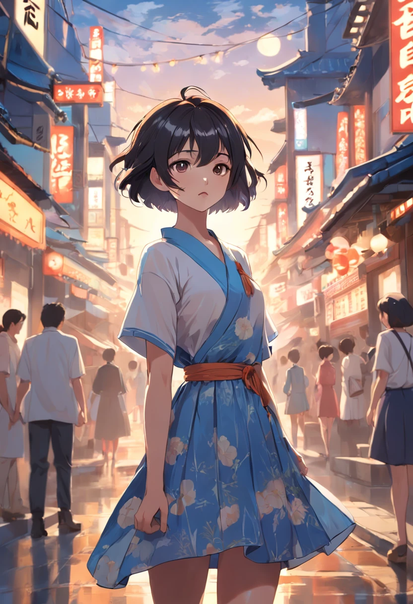 Korean women with short hair wear summer dresses.wearing in shirt., Anime character traits,model sheets,turnaround