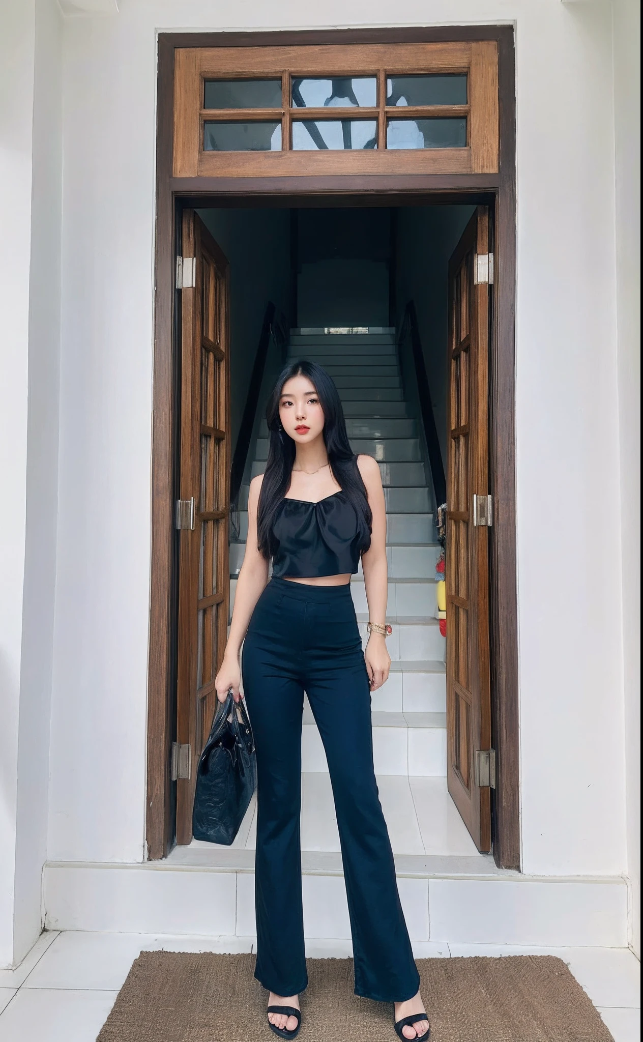 arafed woman standing in front of a doorway with a purse, wearing a sexy cropped top, wearing an elegant outfit, wearing black camisole outfit, frontal pose, wearing elegant casual clothes, skinny waist and thick hips, mai anh tran, taken in 2 0 2 0, wearing crop top, in front of the house