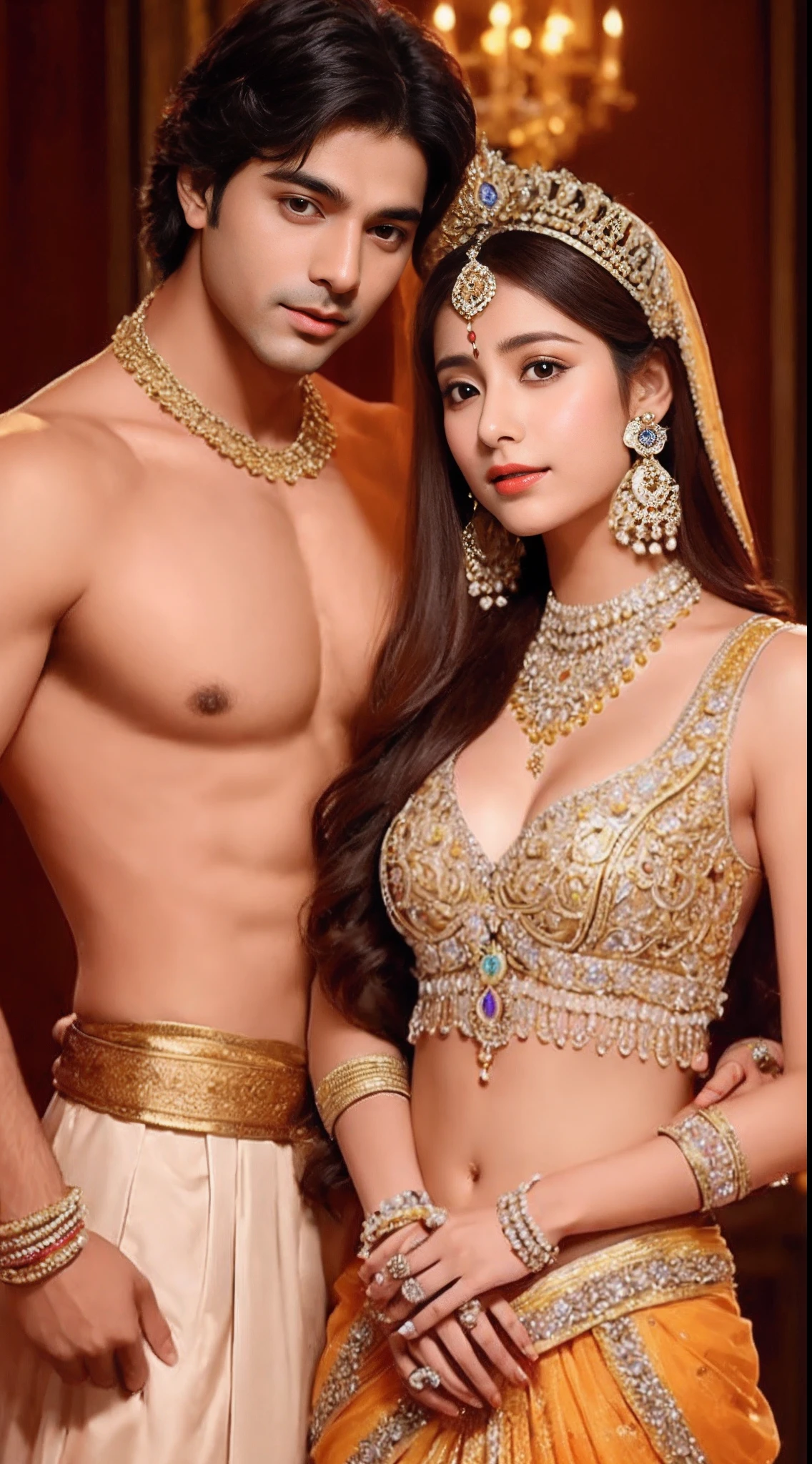 Indian princess and Prince wear jewellers. Prince touching Indian princess stomach and posing in front of camera realistic body