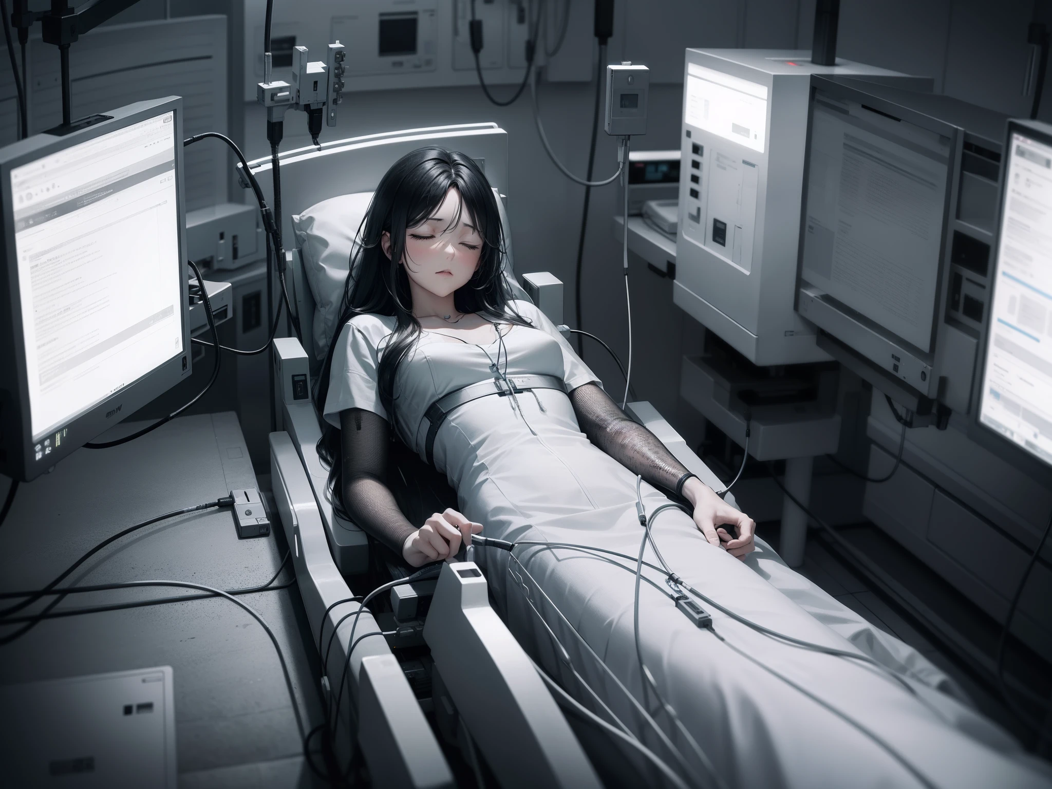 .RAW, 4K, very beautiful, longs cheveux lisses, closed eyes, expression tendue, Lying, Back to a metal operating table, Medical cables, hospital, neon light, Couleurs noir et blanc, Science fiction atmosphere