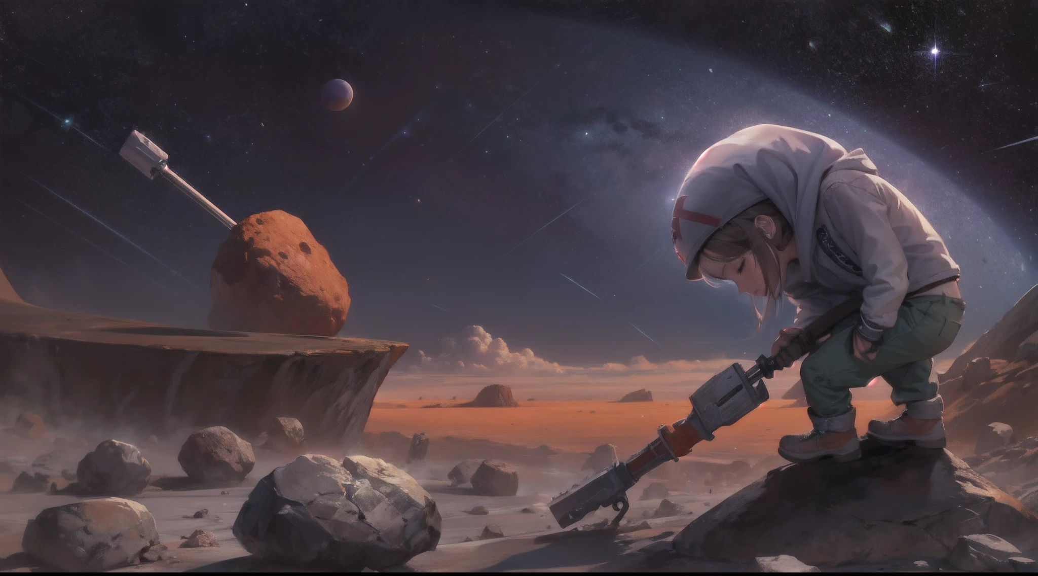 Sleepy designer riding a hammer on huge asteroid at mars sky in the middle of the night