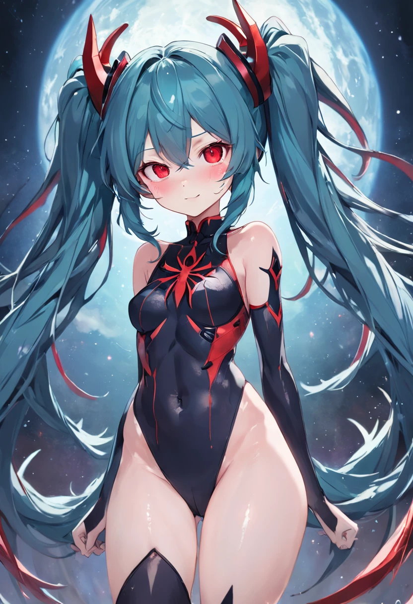 The upper body is Hatsune Miku,The lower body is a large spider,blue hair,Eight red eyes,,{{Best quality}}, {{Masterpiece}}, {{Ultra-detailed}}, {illustration}, {Detailed light}, {An extremely delicate and beautiful}Messy floating hair, Colored inner hair, Starry sky adorns hair, depth of fields,,Largest breasts,The head has three horns,There are five-color lines on the body,Black sclera,Highly detailed, High quality, Masterpiece, Long hair, Execution, teeth, Horror (Theme), Smile, Sharp teeth, Glowing, Dark, Blood, The longest tongue, grin, Glowing eyes, Evil smile,The lower body has only eight spider legs,There are spines in the spine,Stick out your tongue,There are red glowing square gemstones and square sapphires on the chest,The sharpest claws,Eight hands,holding a scythe,Venom is spread throughout the body,red colored skin{meticuloso},There is an eye in the palm of the hand,The spine has raised spines,The arm turned into a snake,There are bone spurs on the tail,Lamia, scutes,Human sharks, maid, Fins, Underwater, full bodyesbian, navel, Original Character, voluminetric lighting, Best shadows, Shallow depth of field, stunningly beautiful girl, Petite, Delicate Beautiful Attractive Face,harpy, feater,