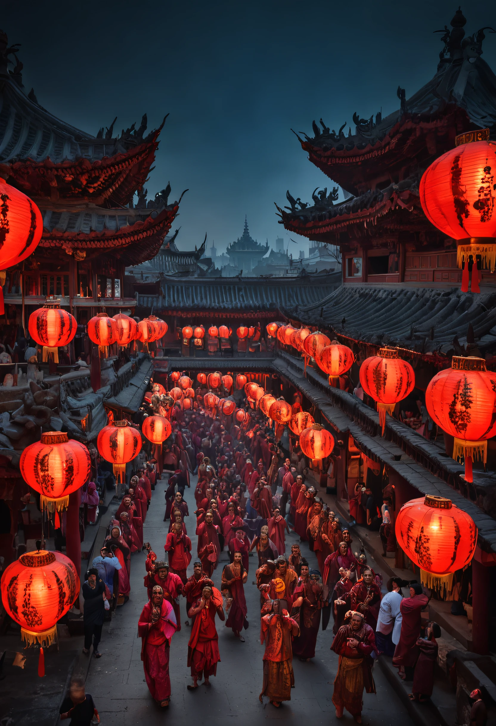 "Envision a mesmerizing scene of the 'Night Parade of One Hundred Demons' in exquisite detail, representing a masterpiece of artistry and quality. Capture the essence of this supernatural procession with vibrant colors, intricate designs, and nuanced lighting. Emphasize the dynamic movement and energy of the demons, showcasing their diverse appearances and unique attributes. Illuminate the night with ethereal glow and mysterious shadows, evoking a sense of wonder and awe. Enrich the atmosphere with elements like fog, moonlight, and flickering lanterns. Let this extraordinary spectacle unfold in a richly detailed setting, featuring a bustling street adorned with traditional architecture and symbolic motifs. May this be a breathtaking fusion of mythology, tradition, and artistic brilliance."