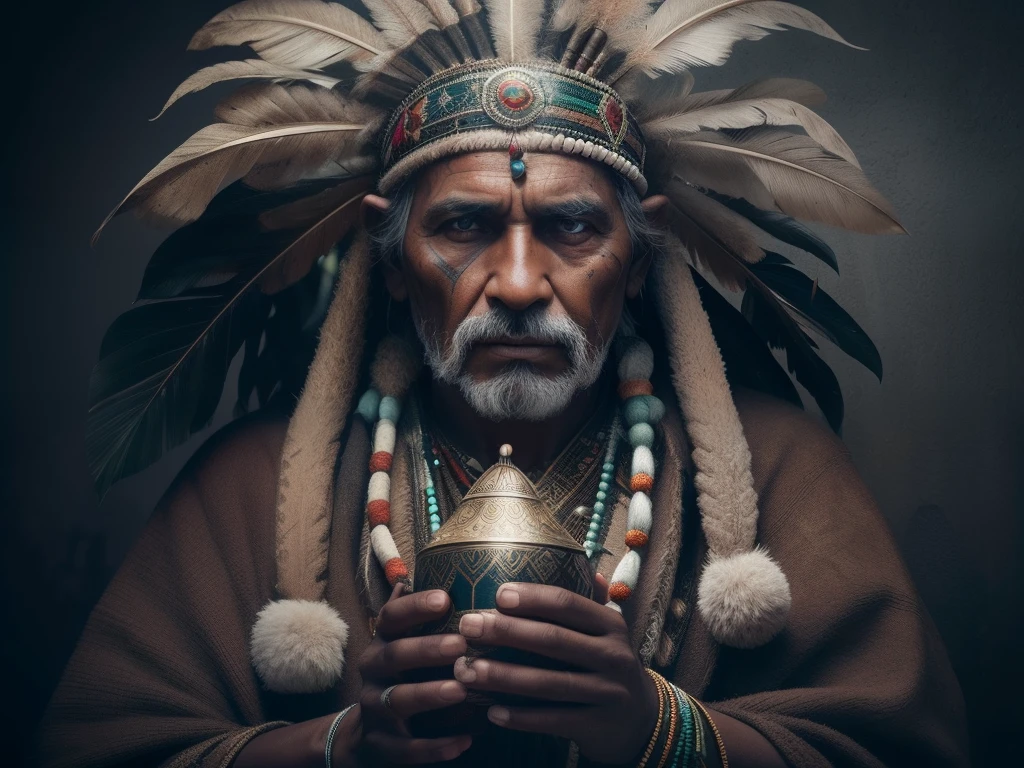Create the dramatic image of extreme realism and perfection of illumination of an indigenous shaman of approximately 80 years of age with extremely perfect fingers and with several rings on his fingers, Perfect hands holding a small carved brown wooden cup, O rosto limpo, liso, sem barba, The face is painted with indigenous paint symbolizing war on the neck is several different necklaces of seeds and teeth of animals. Several green leaves and vine intertwined as a backdrop, Long and white hair
It only has as a backdrop a scenario of mystery and magic with a lot of mysticism, digital art trending on Artstation 8k HD high definition detailed realistic, circunstanciado, textura da pele, hiper detalhado, textura de pele realista, armadura, melhor qualidade, ultra high-resolution, (fotorrealista:1.4), high resolution, circunstanciado, Foto RAW, sharp re, by Lee Jeffries Nikon D850 film Stock Photography 4 Kodak Portra 400 camera F1.6 lens rich colors hyper realistic lifelike texture dramatic lighting unrealengine trending on artstation cinestill 800,