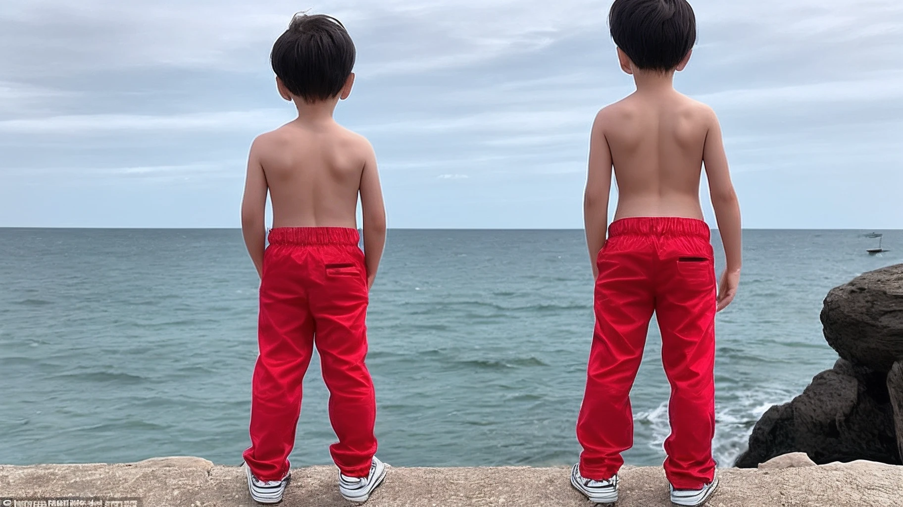 A perfect little girl wearing low-rise pants by the sea，with his back to the viewer，Reveals a thin waist