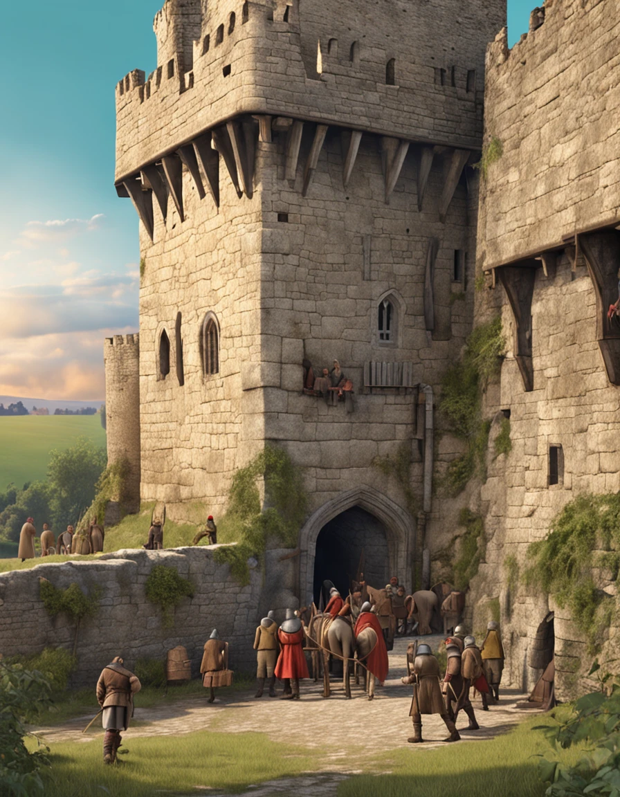 medieval English castle with peasant workers queuing up outside the castle walls