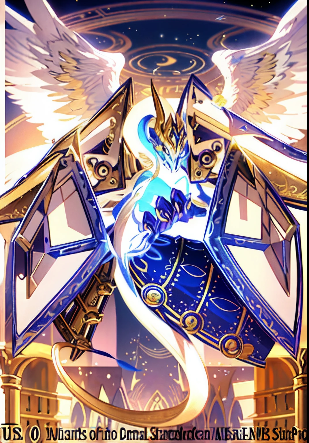 Anime poster of a winged creature with a sword and armor, blanco y dorado, Arte oficial de alto detalle, Mizutsune, blue eyes white dragon, Arte completo, mystical anubis valkyrie, Armadura dorada angelical, Ganador del concurso Pixiv, serafines, Golden Paladin, Victoria alada!!!, arte oficial, Aurelion Sol, colossal dragon as background, full art illustration