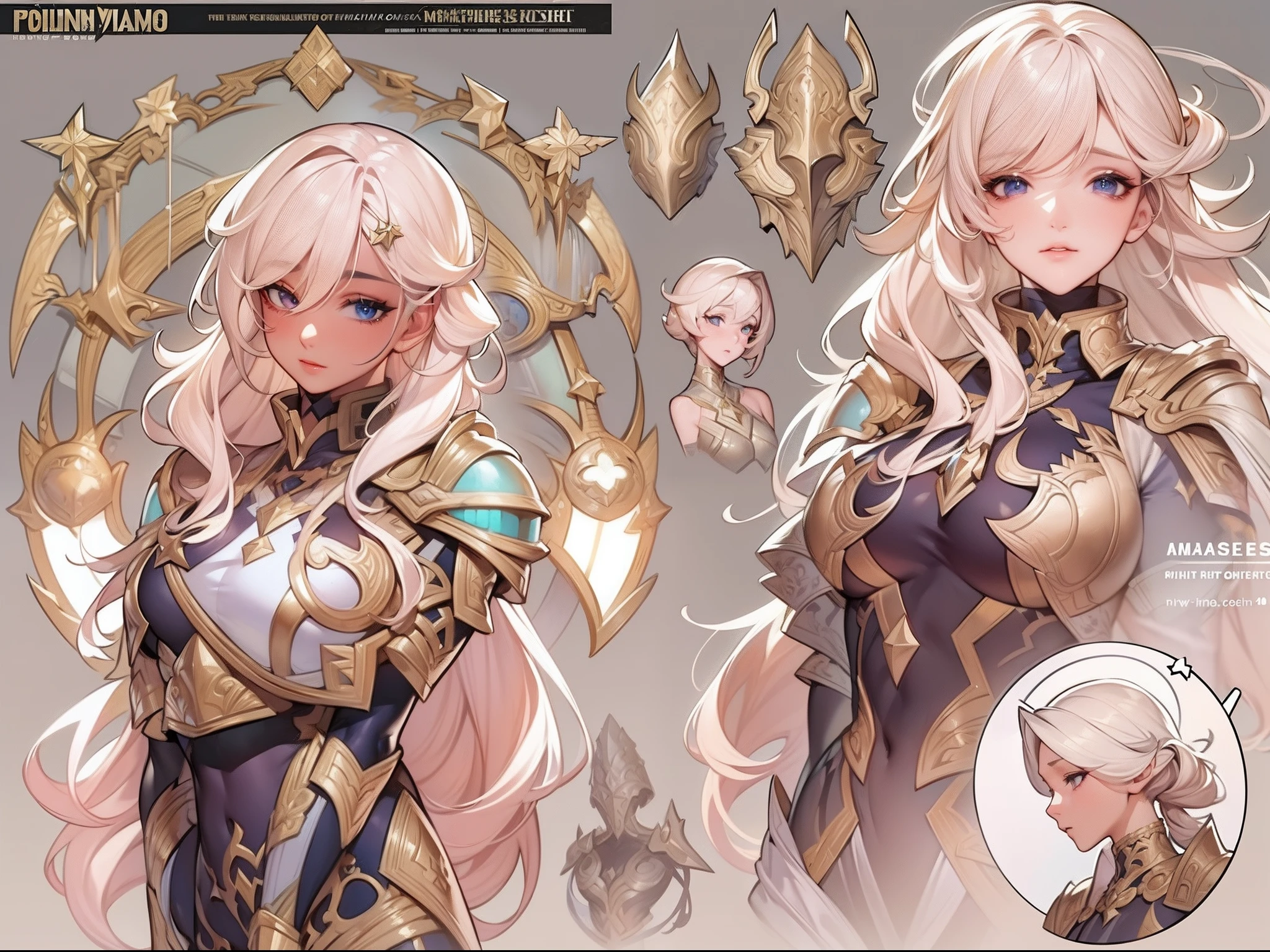 ((Masterpiece, Highest quality)), Detailed face, CharacterDesignSheet, full bodyesbian, Full of details, Multiple poses and expressions, Highly detailed, Depth, Many parts,Beautiful paladin girl,Armor,High Balance, Natural light, Star decoration