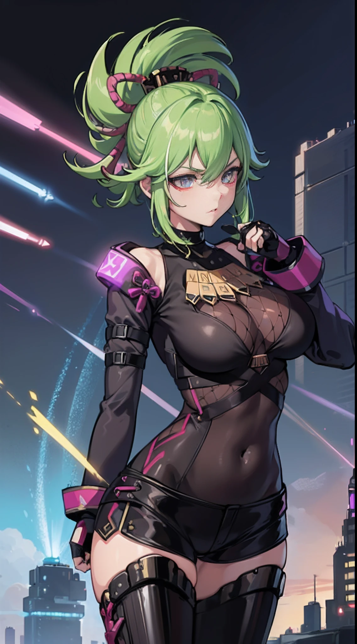 1girl, large breasts, wide hips, thick thighs, green hair, very short hair, short hair, yellow eyes, bikini, black bikini, neon trim, smile, smirk, smug, futuristic, science-fiction, tech, shoes, sneakers, green trim, black clothes, race queen, tongue, tongue out