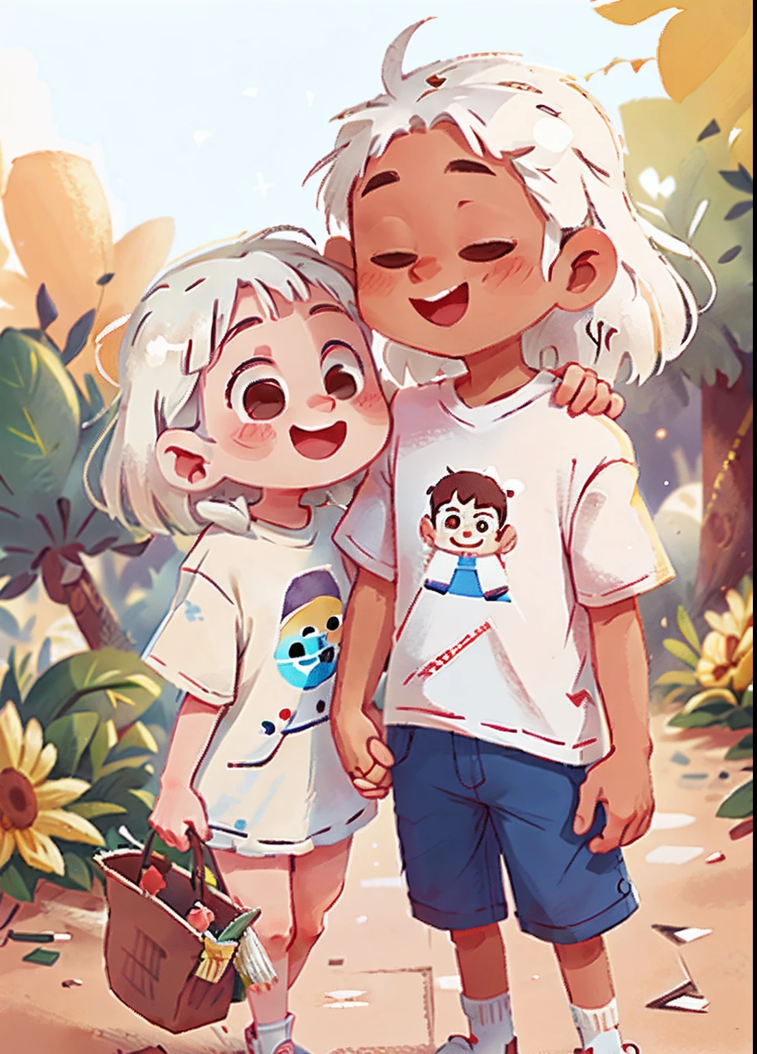 A couple holding hands, soft background, bokeh background, detail face, happy, soft pencil line, wearing oversized t-shirts, wearing same clothes, white hair, brown eyes