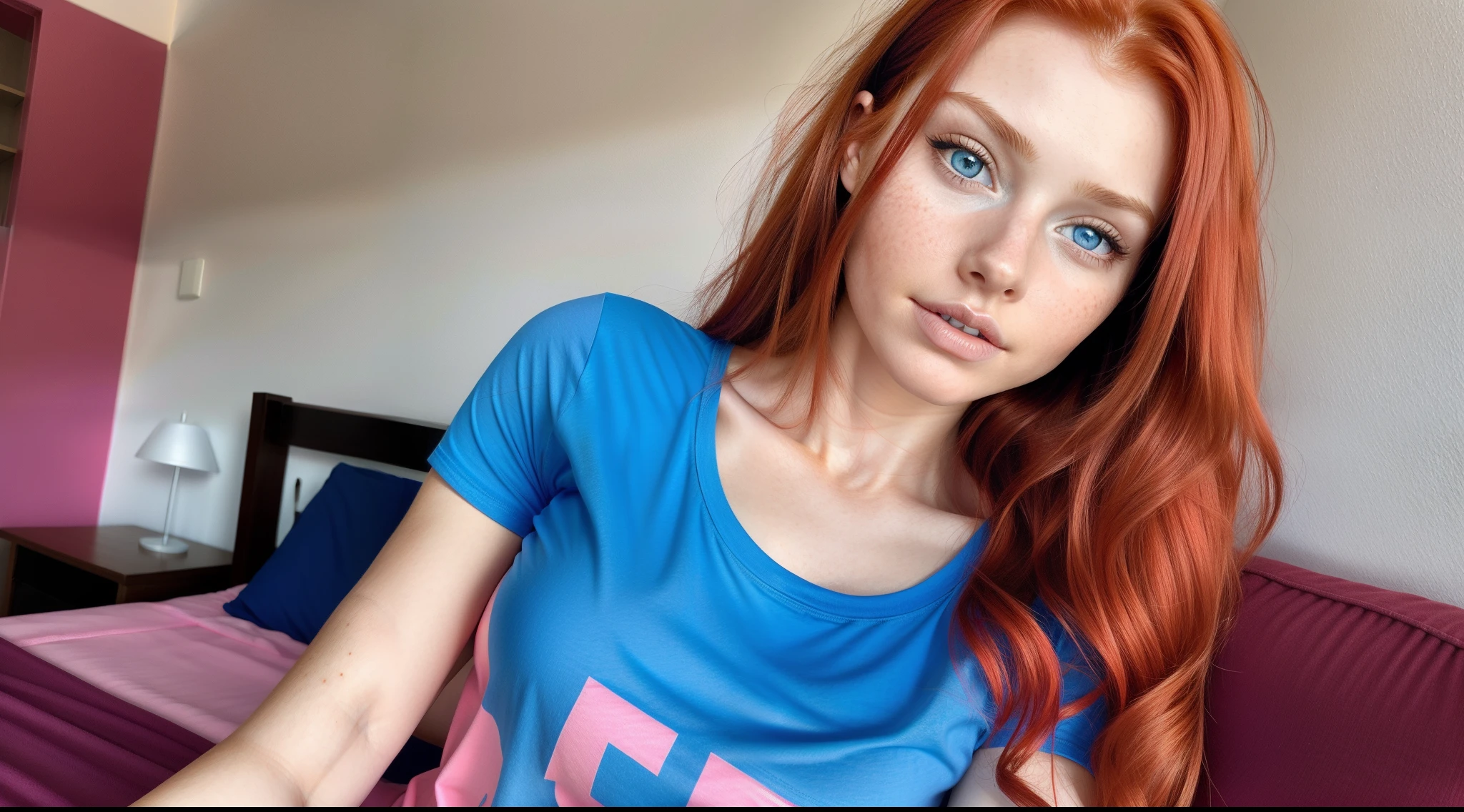 Beautiful handsome woman, ((top quality, 8k, masterpiece:1.3)), pretty woman, 1girl, huge breasts:1.3, slender figure:1.1, elastic red long hair, (shower, wet body, wet clothes:1.1), very detailed face, detailed lips, detailed eyes, double eyelids, detailed blue eyes, extremely detailed outstanding blue eyes, red wet hair, red wet hair, detailed outstanding BLUE EYES, innocent stare at the viewer, extremely wet red hair, detailed outstanding BLUE EYES, full height photo,curly red hair