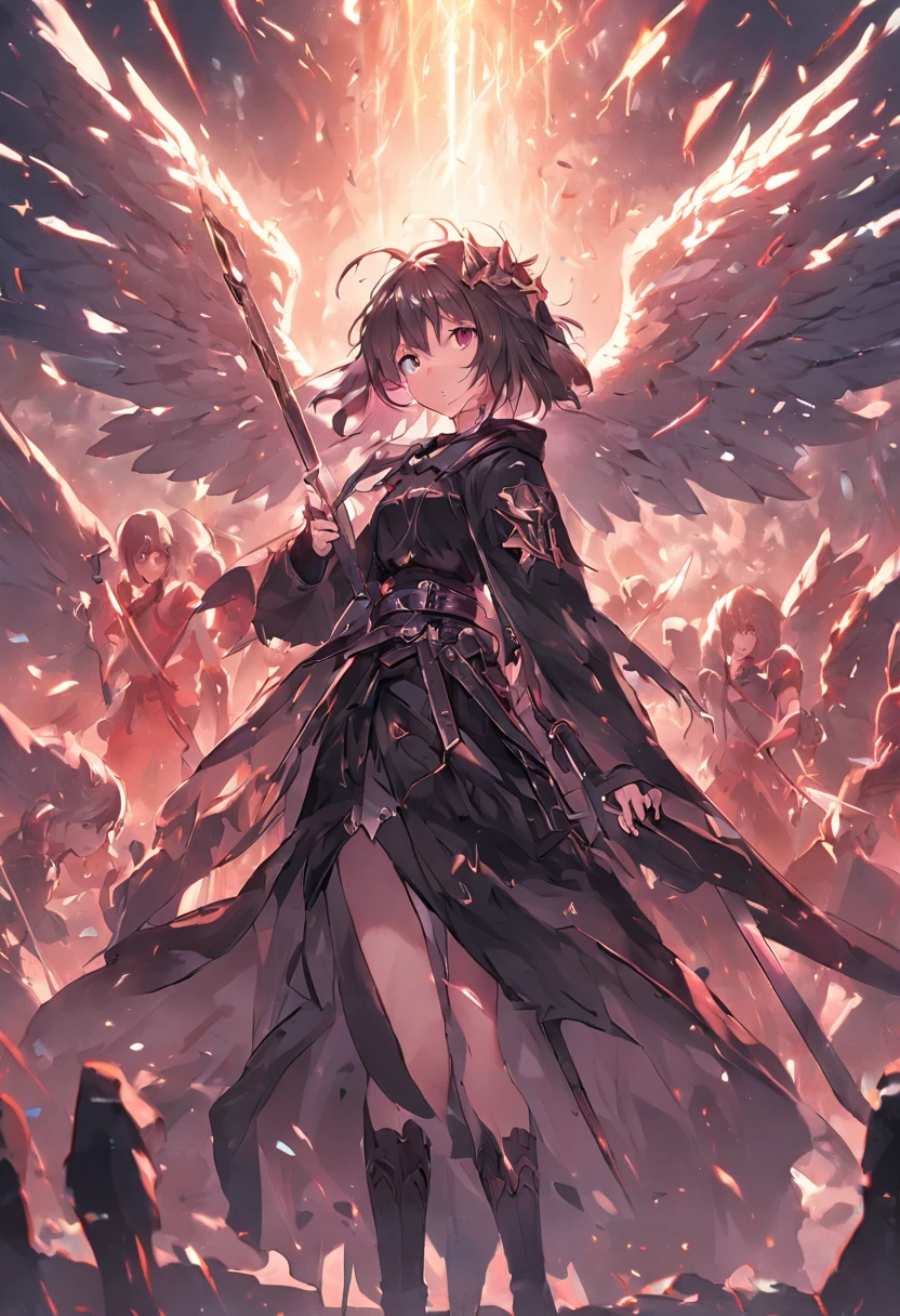 Realistic, 4K, Angels with big wings, Black clothes, one sword, Head hood in war background image (chaos)