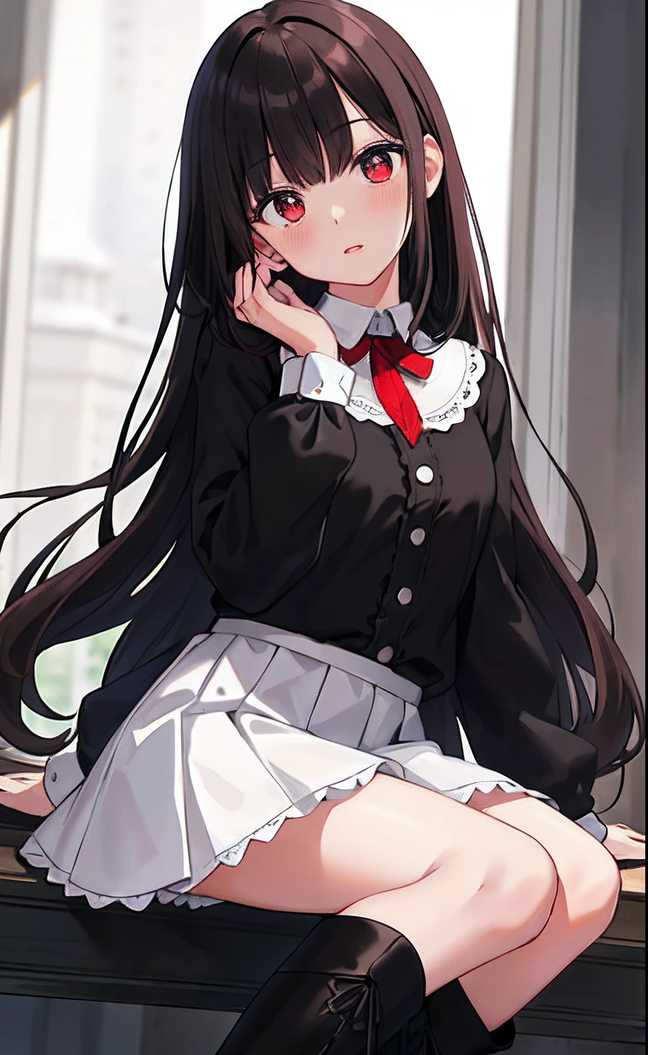 (best quality,high resolution,Beautiful detailed eyes,White lighting:1.2),red eyes, looking at viewer, long hair, black hair, long boots, black footwear, blush, sitting, long sleeves, bangs, parted lips, black hair, dress, knees up, brown hair, white skirt, frills, skirt,thighs, sidelocks,