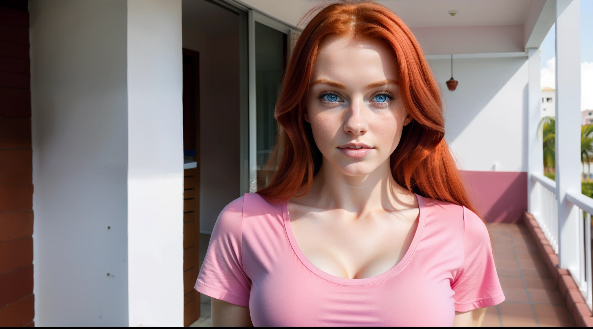 A beautiful woman with fair skin, redhead, perfect breasts, Blue eyes, upperbody closeup, pink shirt, 19 years old, Barranquilla City