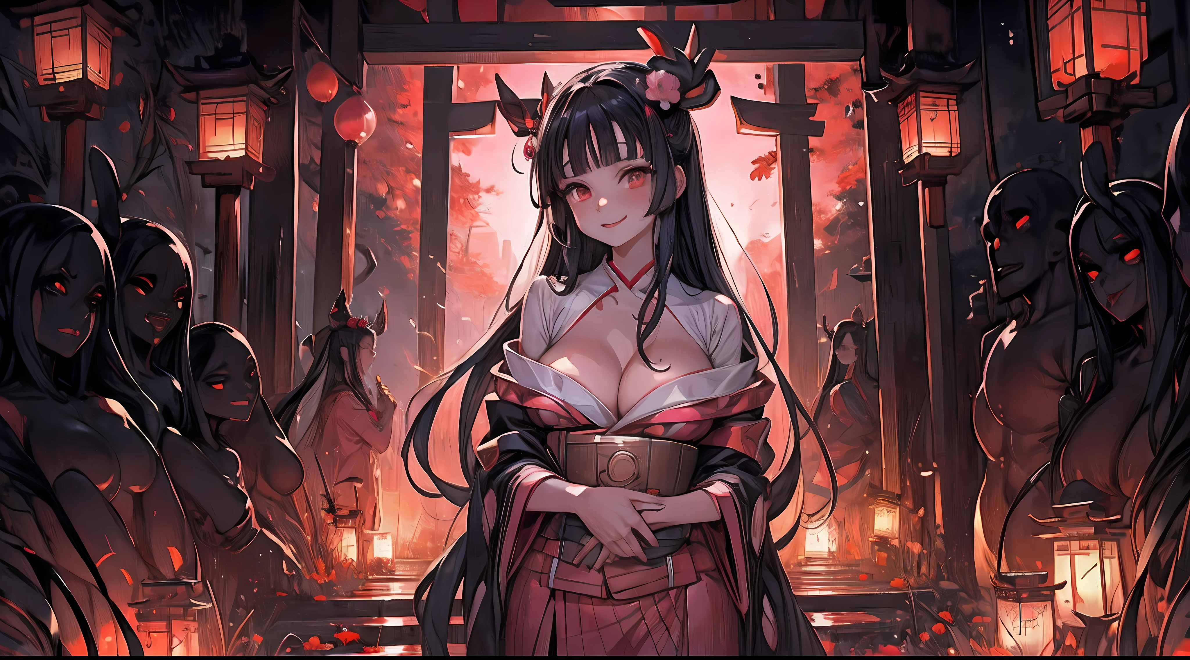 one thousand demons surrounding Nezuko, 40 year old NezukoDS, milf kamado nezuko, huge natural breasts, upper body portrait, 8k high definition, shy smile, standing pose, arms behind back, leaning forward, hands out of frame, pink kimono, cleavage, detailed Japanese shrine background, ghostdom, night, backlight