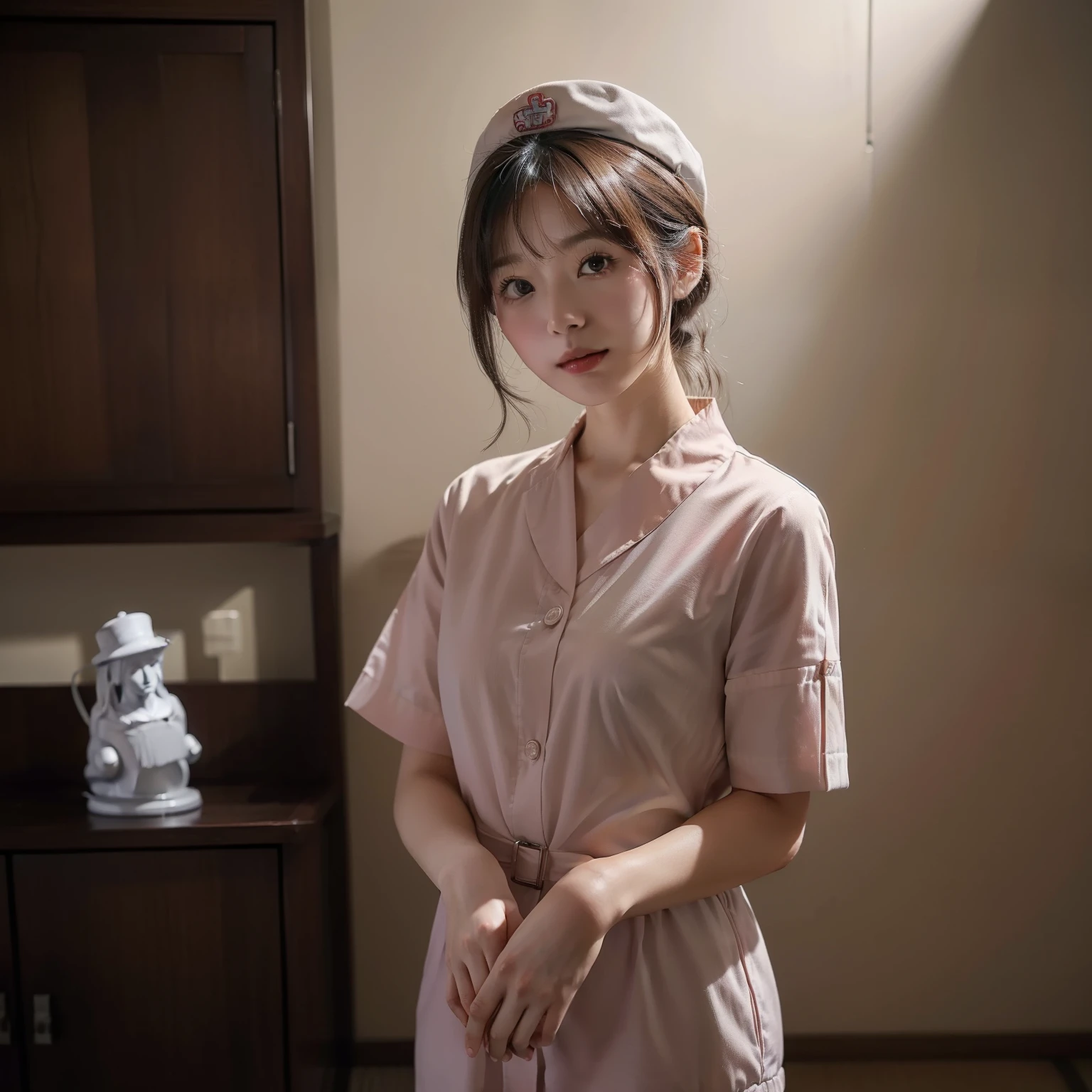 (top-quality、Masterpiece、8K、masutepiece、nffsw:1.2)、Photo of a cute Japanese woman、女の子 1 人、(Medium short brown hair)、二重まぶた、nurse's outfit、Nurse Cap、In the hospital、