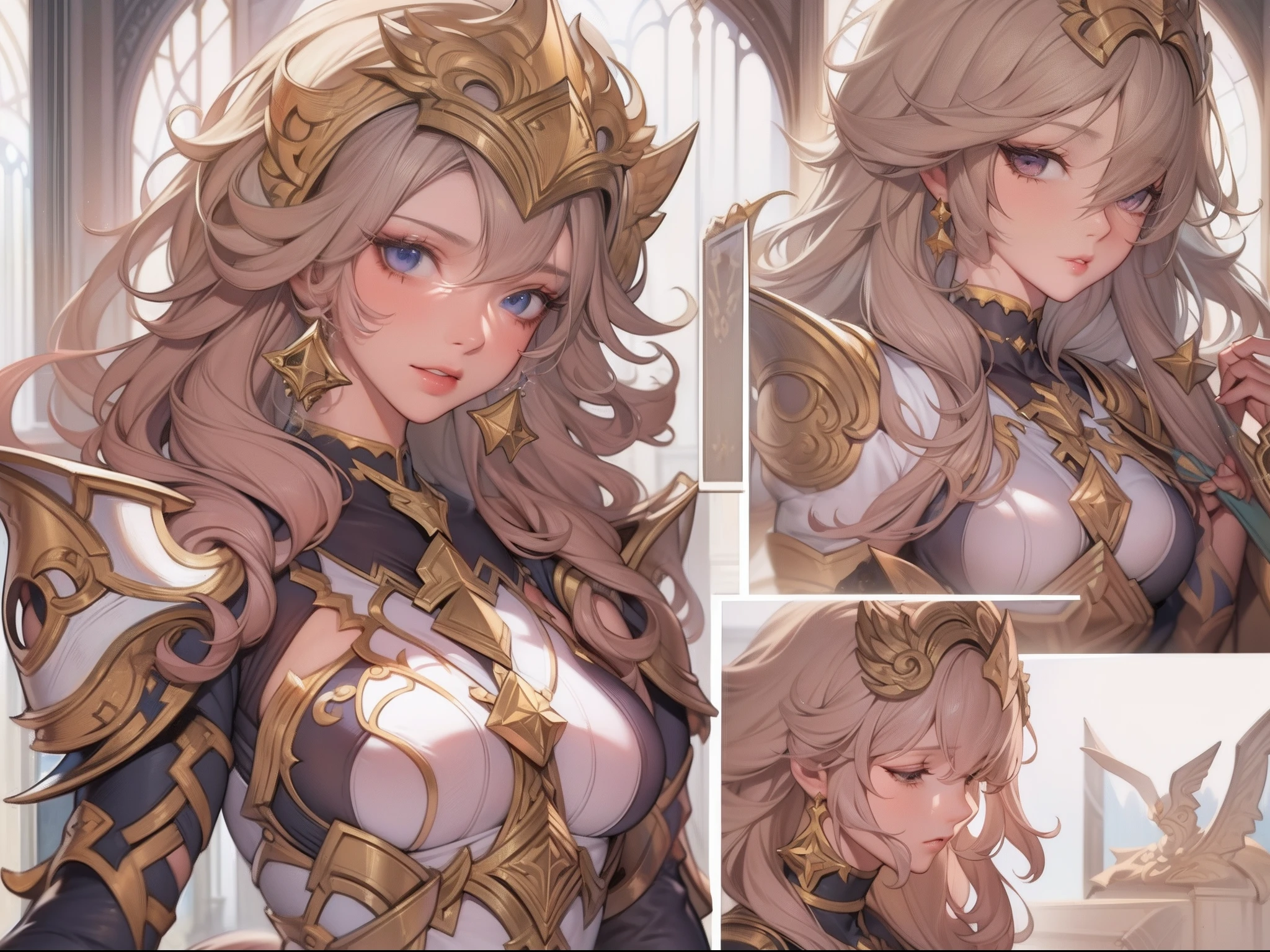 High resolution, One person, Detailed face, Anime CG style, (Beautiful breasts), (23-year-old woman), No background,Good lighting, Portrait Image,Perfect body, Drooping eyes,Eyes Wide Open,Blonde,Short Layer Hair,Soft, fluffy hair,Long Ahoge,Strapless Armor